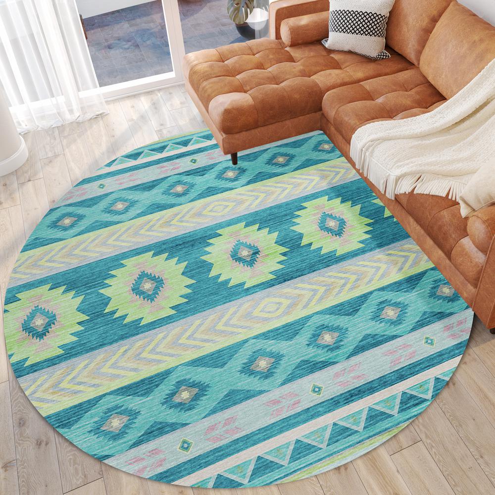 Indoor/Outdoor Sonora ASO33 Peacock Washable 8' x 8' Round Rug