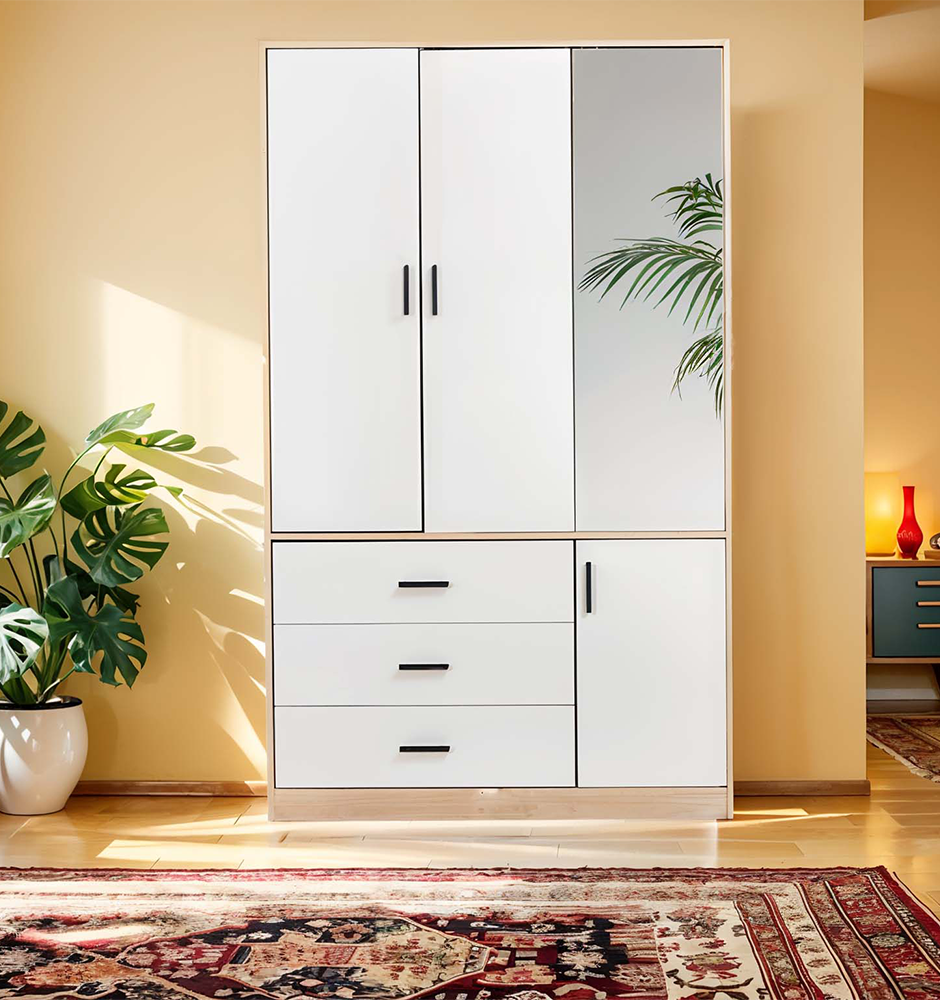 Mirror Armoire Wardrobe Closet 3 Doors, White Wooden Freestanding Wardrobe Closet, Armoire Bedroom Clothes Storage Wardrobe Cabinet with Hanging Rod Clothes Shelf Storage Organizer
