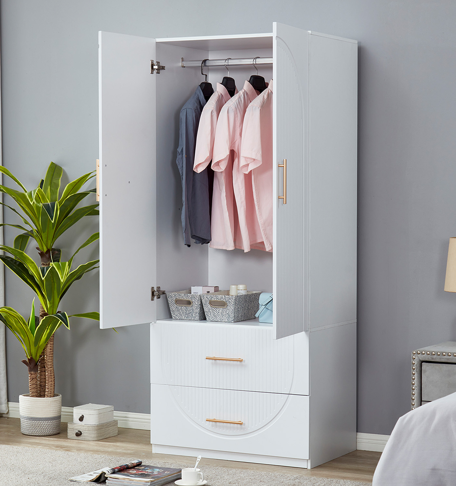 LivelyLodge 74.2 H White 2 Doors 2 Drawers Modern Wooden Armoire Wardrobe Bedroom Freestanding Closet Storage Cabinet Clothes Organizer Bathroom Storage with Hanging Rod Wardrobe Closet