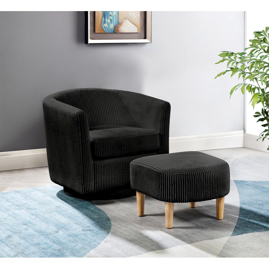 2 Piece Swivel Chair With Matching Ottoman In Black Velvet