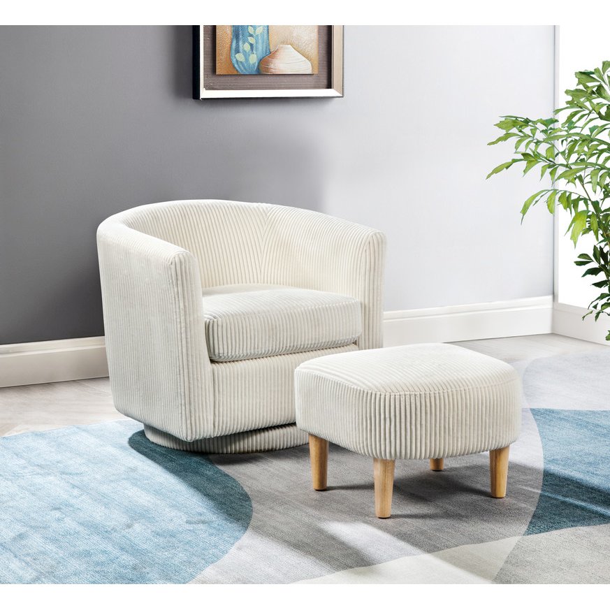 2 Piece Swivel Chair With Matching Ottoman In White Velvet