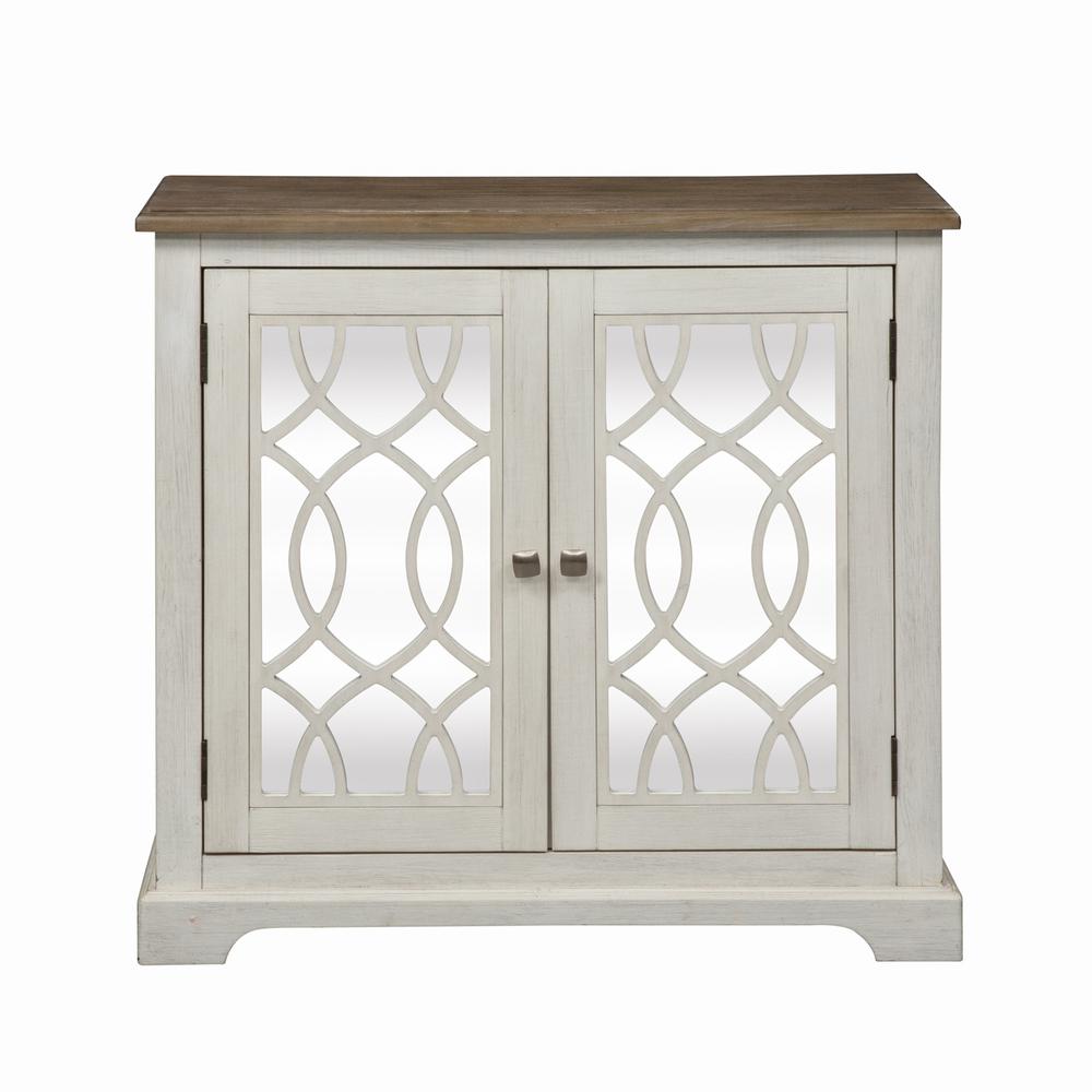 2 Door Mirrored Accent Cabinet, Antique White Finish with Weathered Bronze Tops