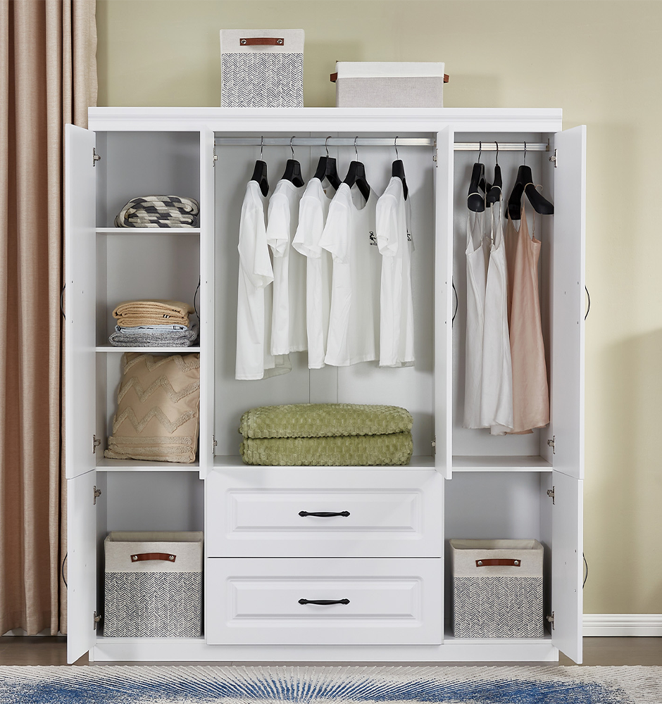 LivelyLodge 74 H Closet 4 Doors White Wooden Armoire Wardrobe Closet Freestanding Clothes Storage Closet Bedroom Armoires Wood Wardrobe Storage Closet Cabinet with Hanging Rod Shelf 2 Drawers