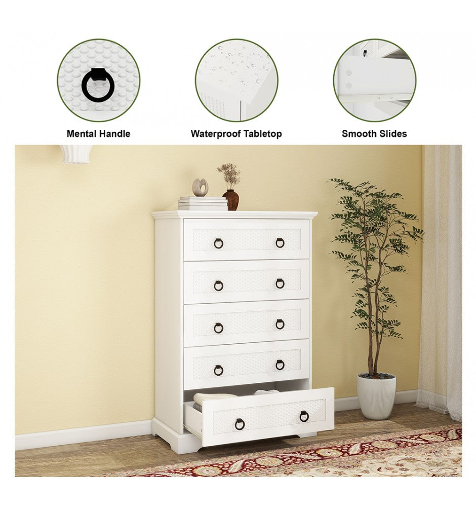 Wood 5 Drawer Dresser, 31.5 Wide Farmhouse Tall Chest of Drawers for Bedroom, Living Room, Hallway, Entryway, Modern Drawers Organizer Large Storage Capacity Cabinet, White