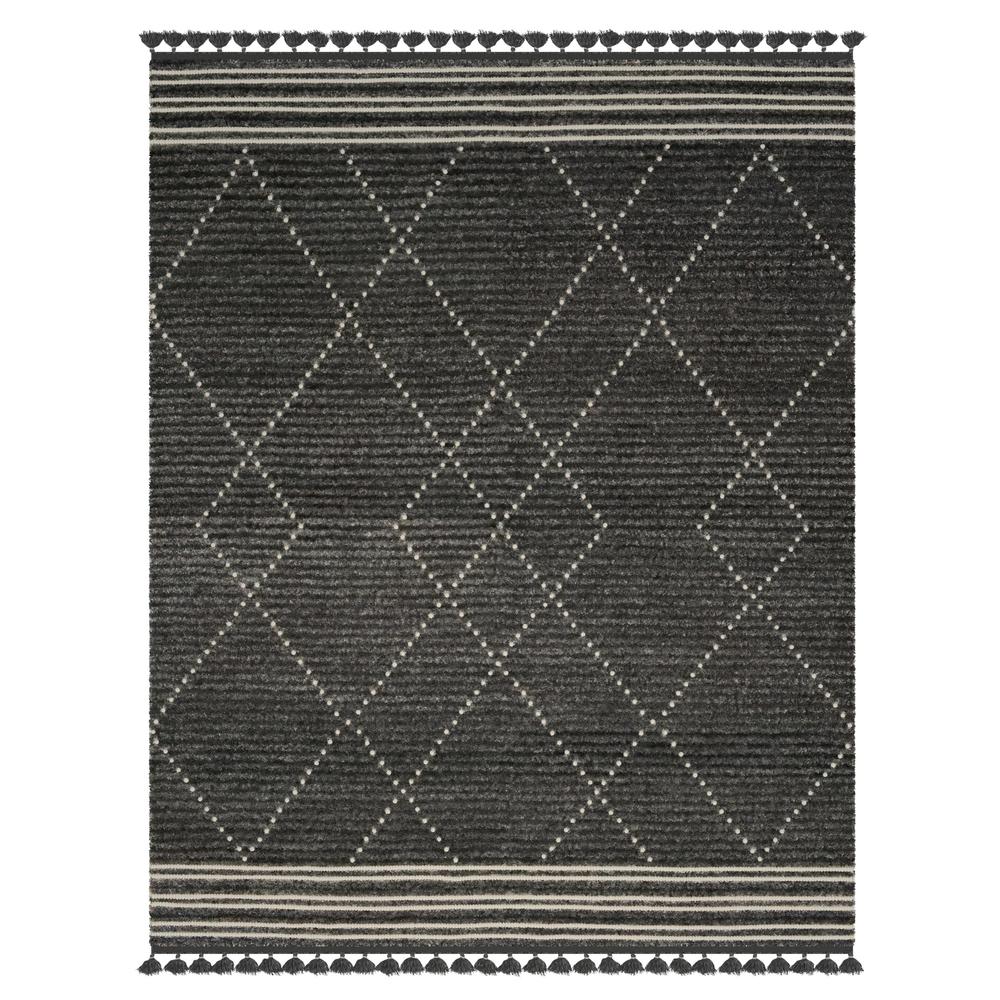 Vail Stona Charcoal and Ivory - Wool and Cotton Area Rug with Tassels, 5' x 8'