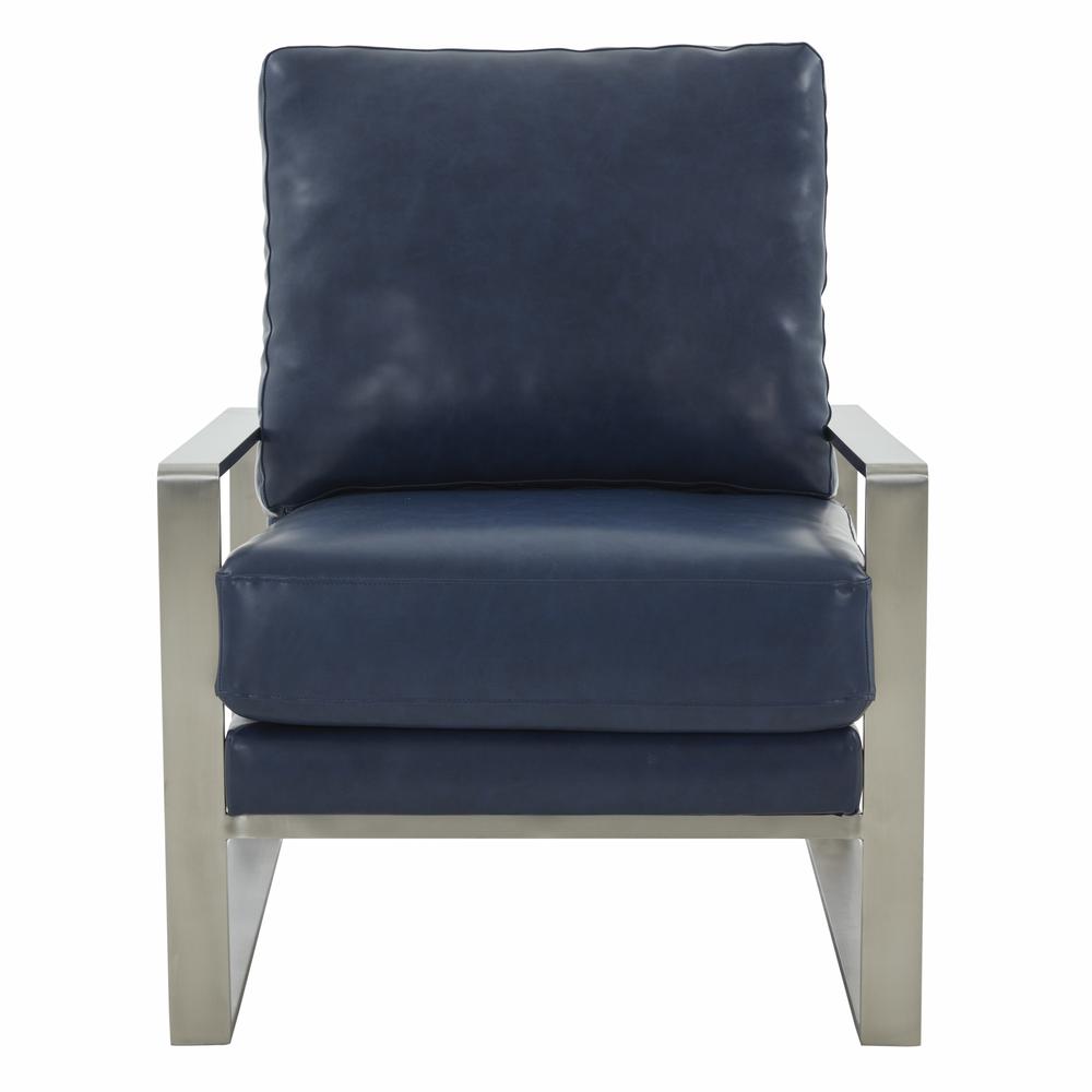 LeisureMod Jefferson Leather Modern Design Accent Armchair With Elegant Silver Frame, Navy Blue