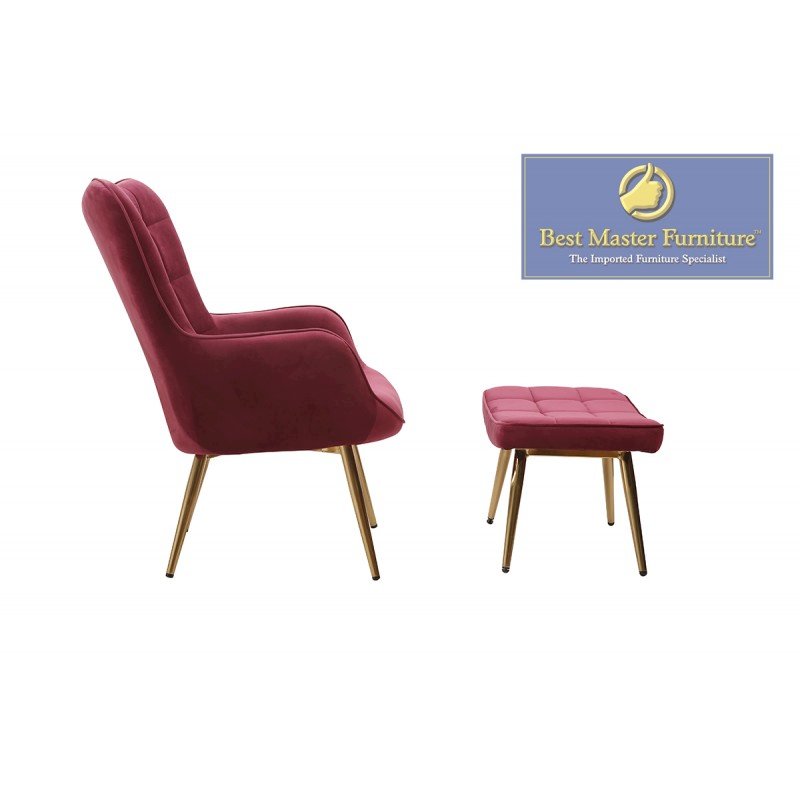 Best Master Furniture West China 29" Velvet Accent Chair and Ottoman Set in Red