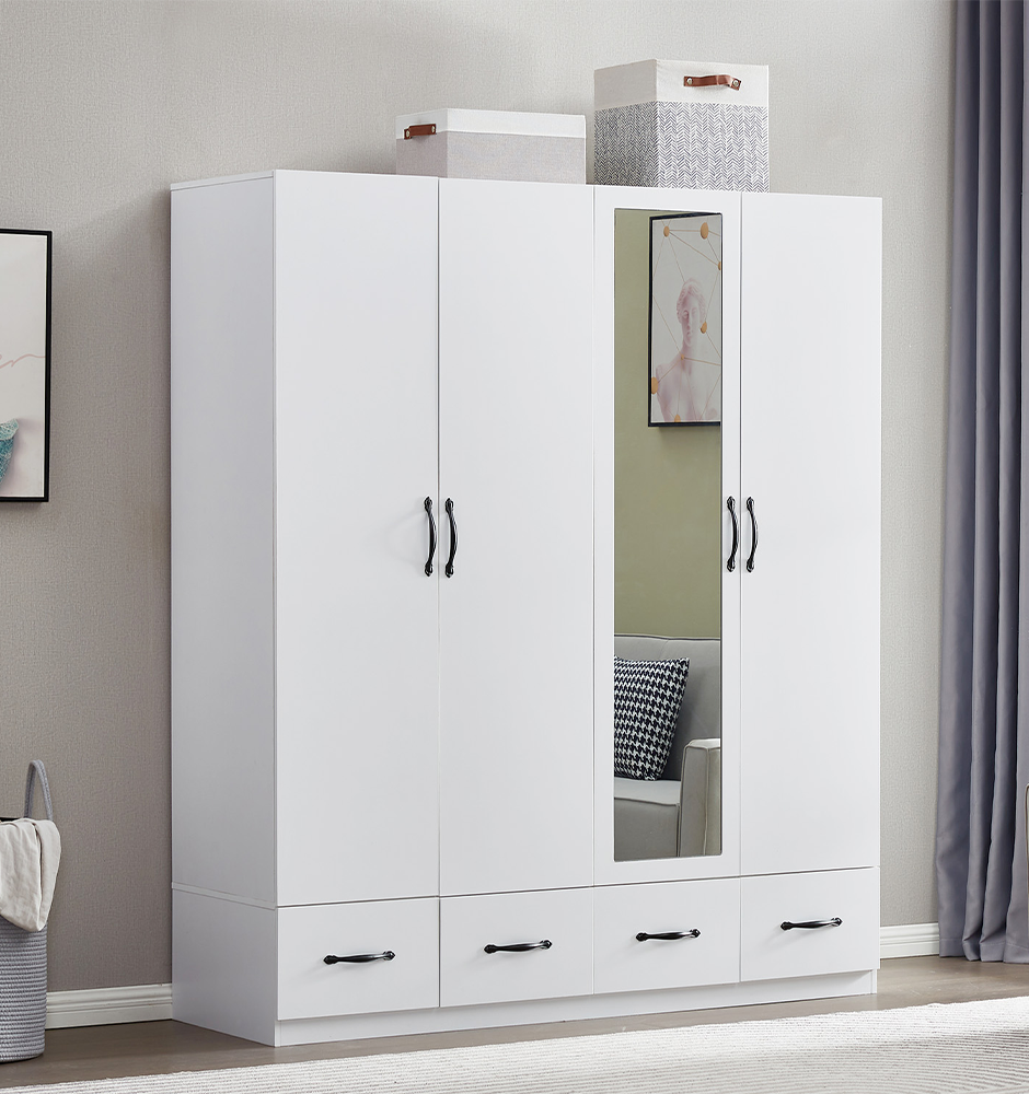 Mirror Wardrobe Closet 4 Doors White Wooden Freestanding Armoire Wardrobe Closet Bedroom Storage Wardrobe Cabinet Bathroom Clothes Storage Shelf with Hanging Rod Clothes Organizer
