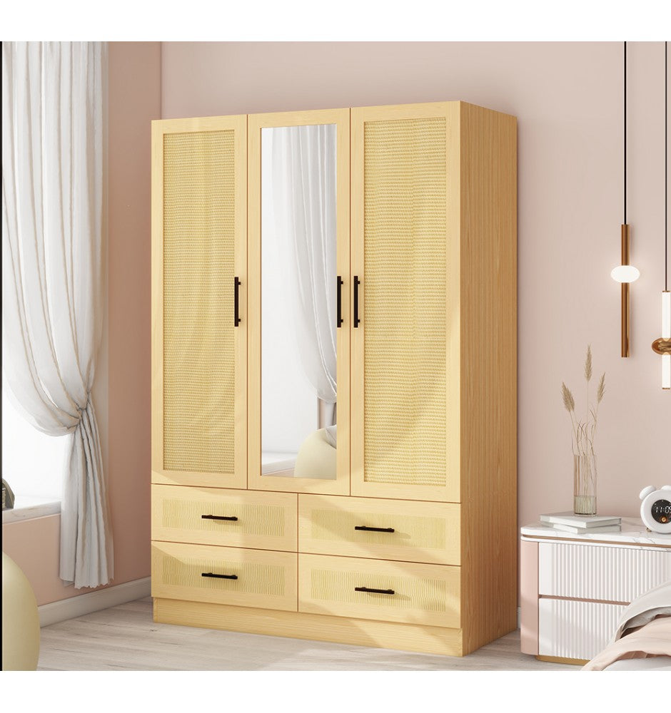 Rattan Wardrobe Closet with 3 Doors, 71H Armoire Wardrobe Closet with Mirror, Clothes Cabinet Closet Wardrobe for Bedroom, Wooden Wardrobe Cabinet with Hanging Rod, Rattan Bedroom Armoires