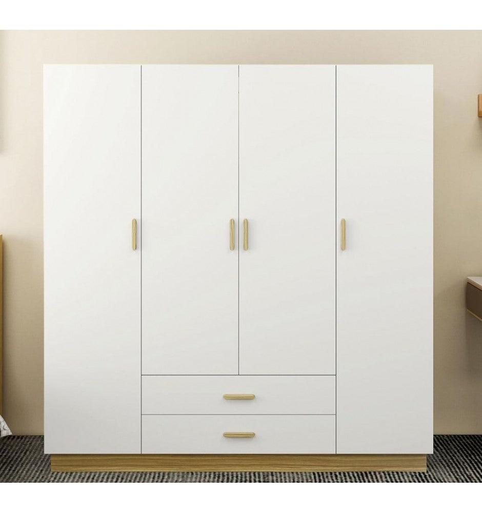Wooden Armoire Wardrobe Closet White Large Capacity Tall Clothes Storage Cabinet with 4 Doors, 2 Drawers, 2 Hanging Rods and Shelves for Bedroom