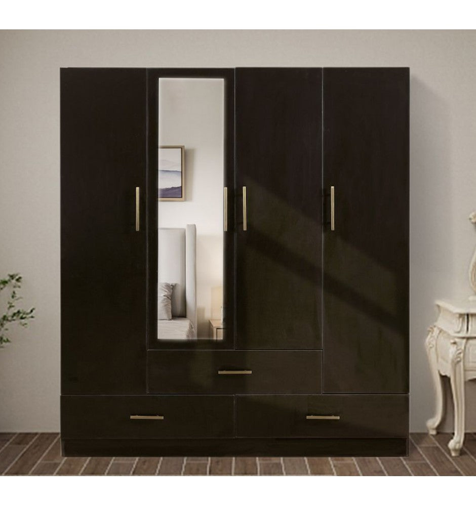 Armoire Wardrobe Closet & Cabinet with Mirror - 4 Door Wooden Armoire Wardrobe for Large Capacity Clothes Storage with Shelves and Hanging Rail, Black
