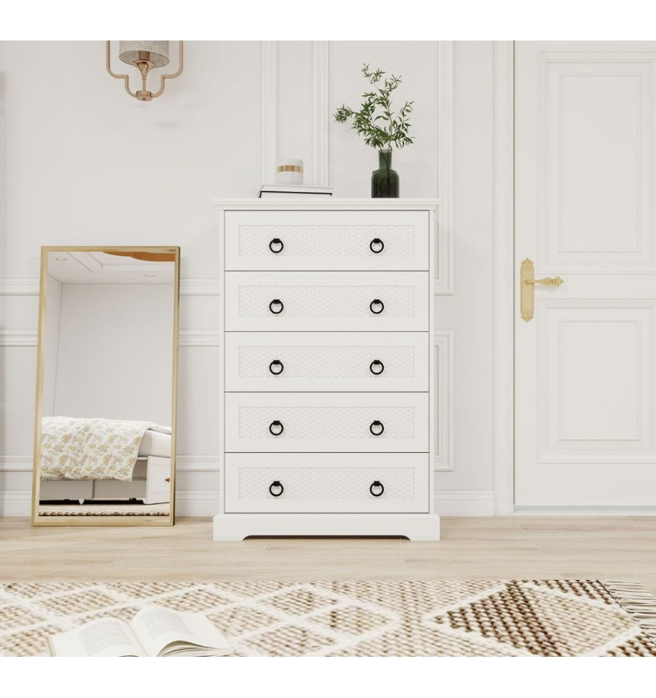Wood 5 Drawer Dresser, 31.5 Wide Farmhouse Tall Chest of Drawers for Bedroom, Living Room, Hallway, Entryway, Modern Drawers Organizer Large Storage Capacity Cabinet, White
