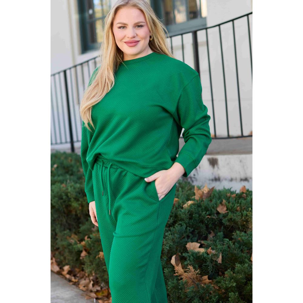 Double Take Full Size Textured Long Sleeve Top and Drawstring Pants Set