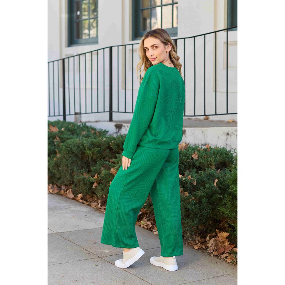 Double Take Full Size Textured Long Sleeve Top and Drawstring Pants Set