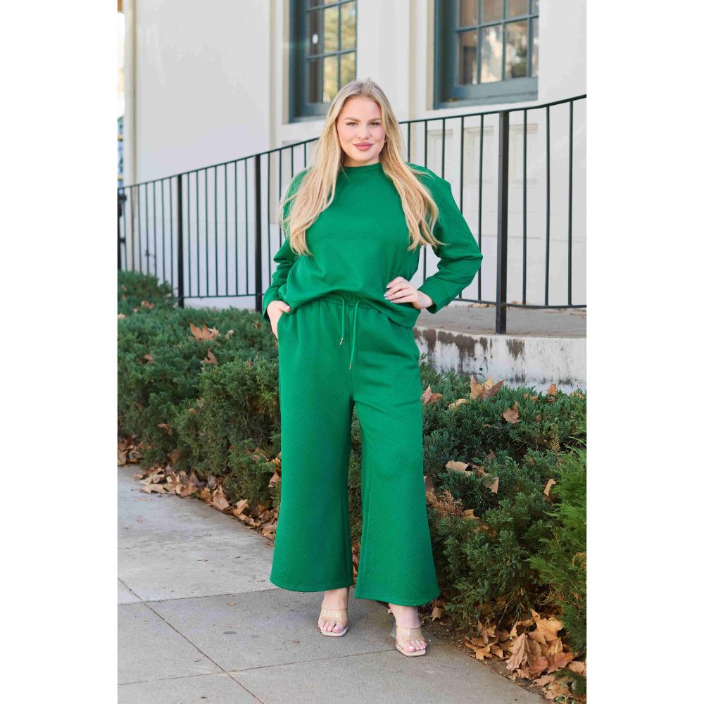 Double Take Full Size Textured Long Sleeve Top and Drawstring Pants Set