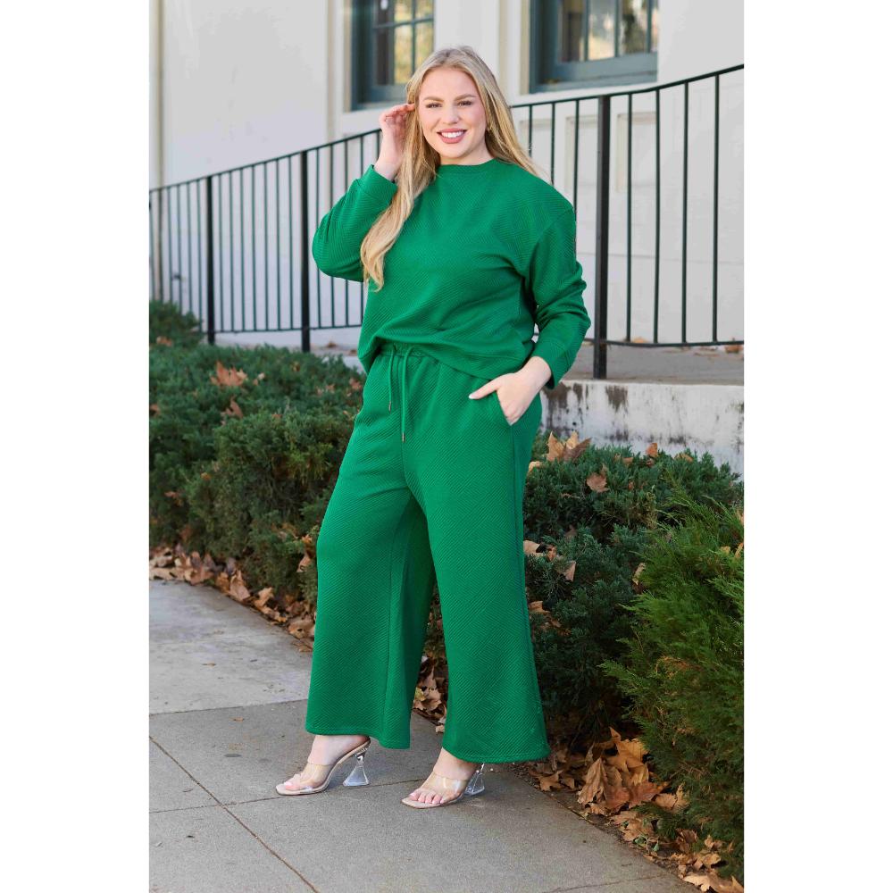 Double Take Full Size Textured Long Sleeve Top and Drawstring Pants Set