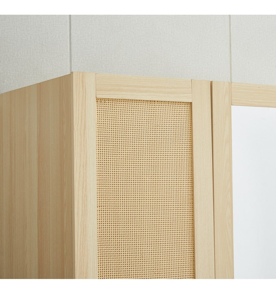 Rattan Wardrobe Closet with 3 Doors, 71H Armoire Wardrobe Closet with Mirror, Clothes Cabinet Closet Wardrobe for Bedroom, Wooden Wardrobe Cabinet with Hanging Rod, Rattan Bedroom Armoires