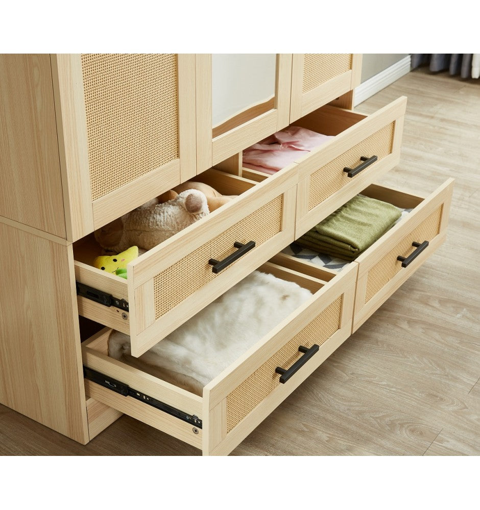 Rattan Wardrobe Closet with 3 Doors, 71H Armoire Wardrobe Closet with Mirror, Clothes Cabinet Closet Wardrobe for Bedroom, Wooden Wardrobe Cabinet with Hanging Rod, Rattan Bedroom Armoires