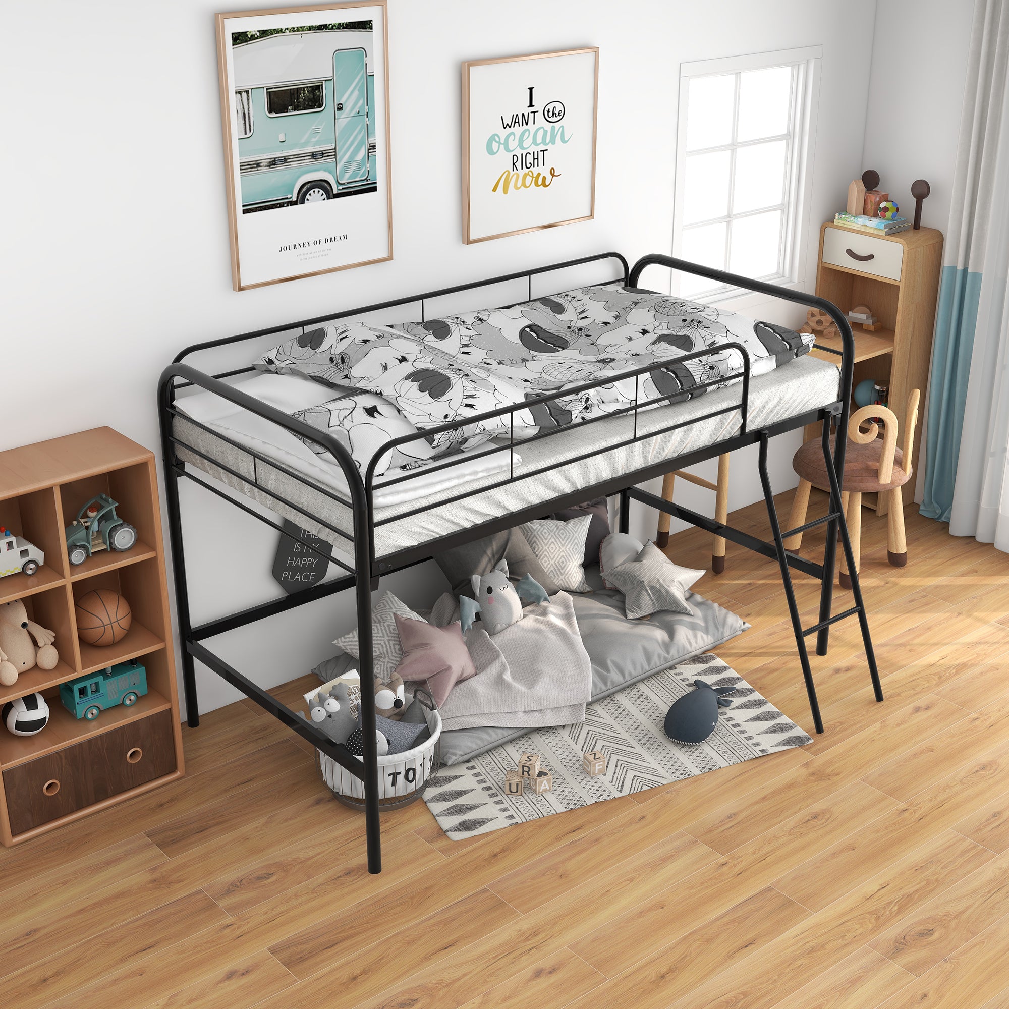 Twin-Sized Full Metal High Loft Style Bedframe with Ladder and Guard Rails_1