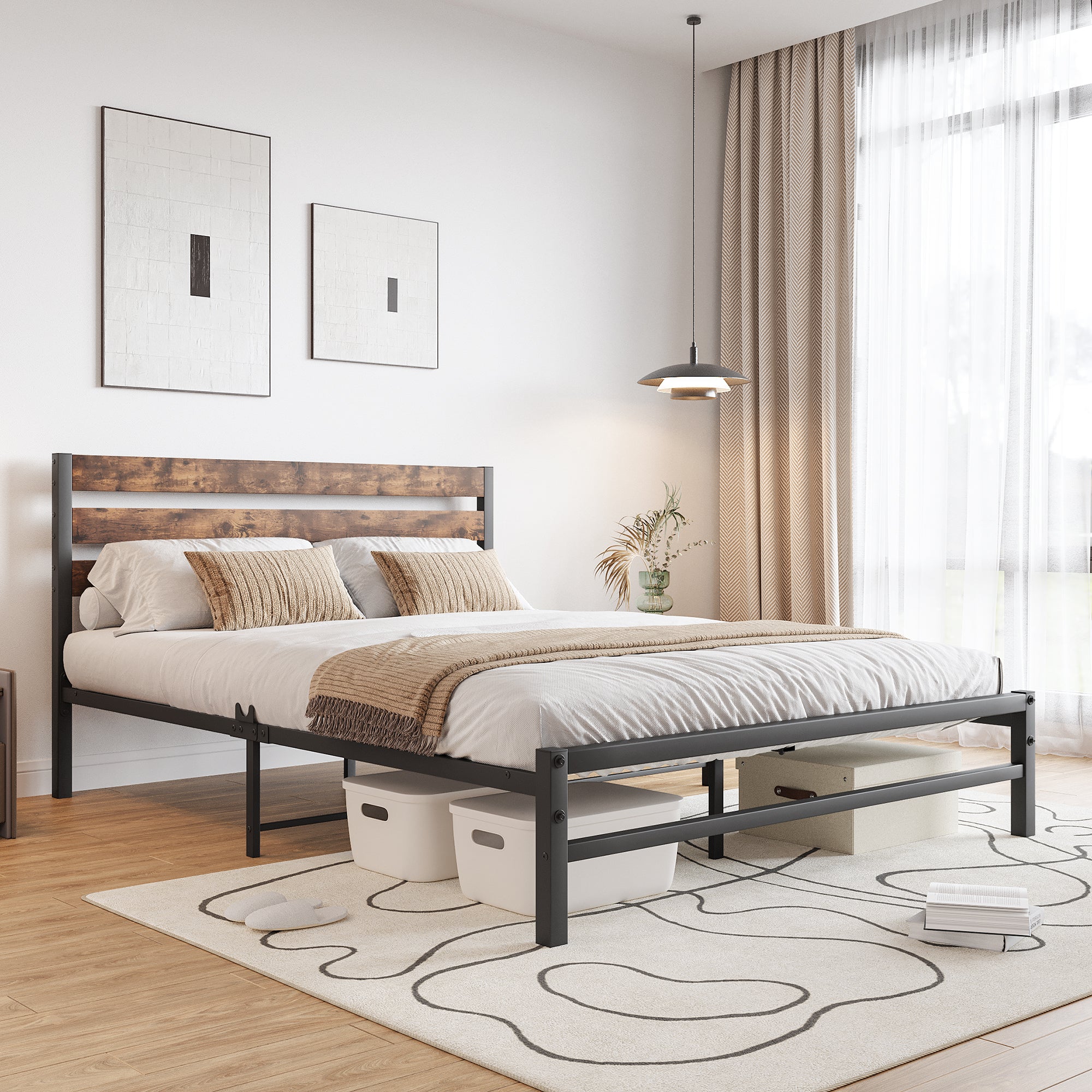 Full-Sized Platform Bedframe with Slats and Vintage Wooden Head Board_1