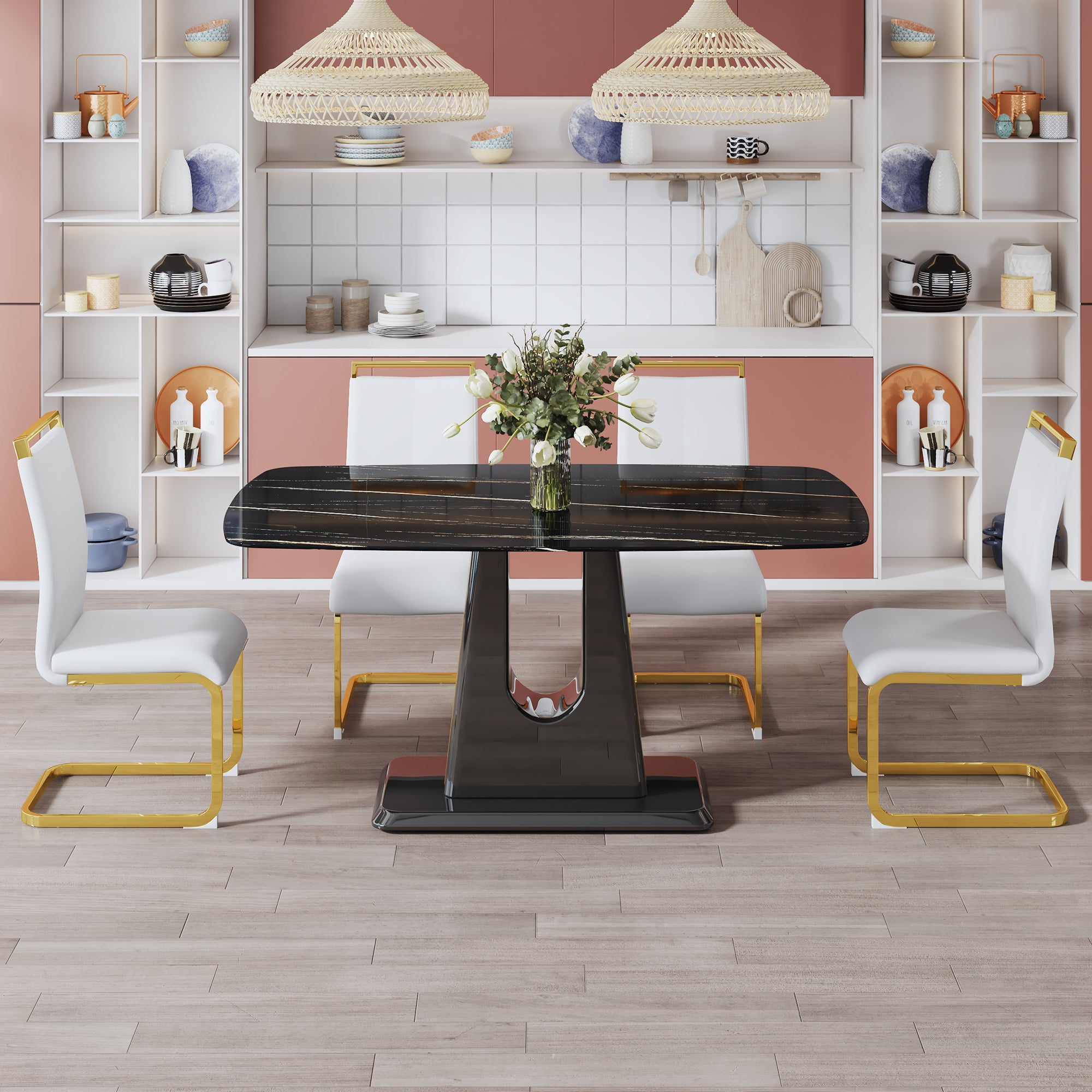 Rectangular Marble Designed Table and Gold Plated Dining Chair Set- 4 Seater_0