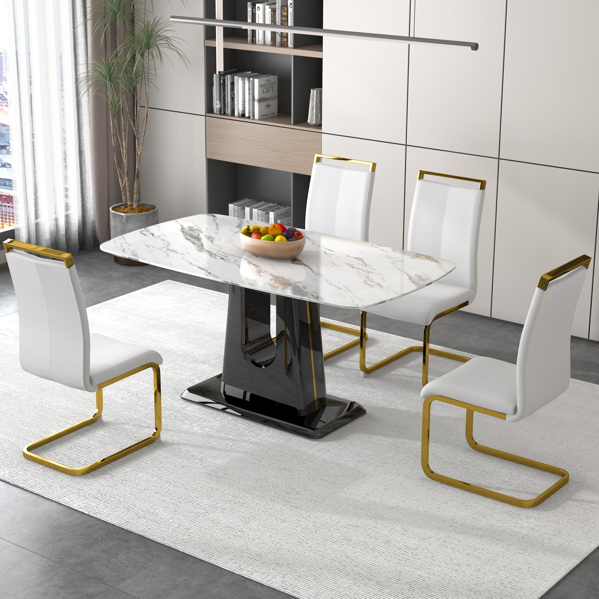 Rectangular Marble Designed Table and Gold Plated White Dining Chair Set- 4 Seater_1