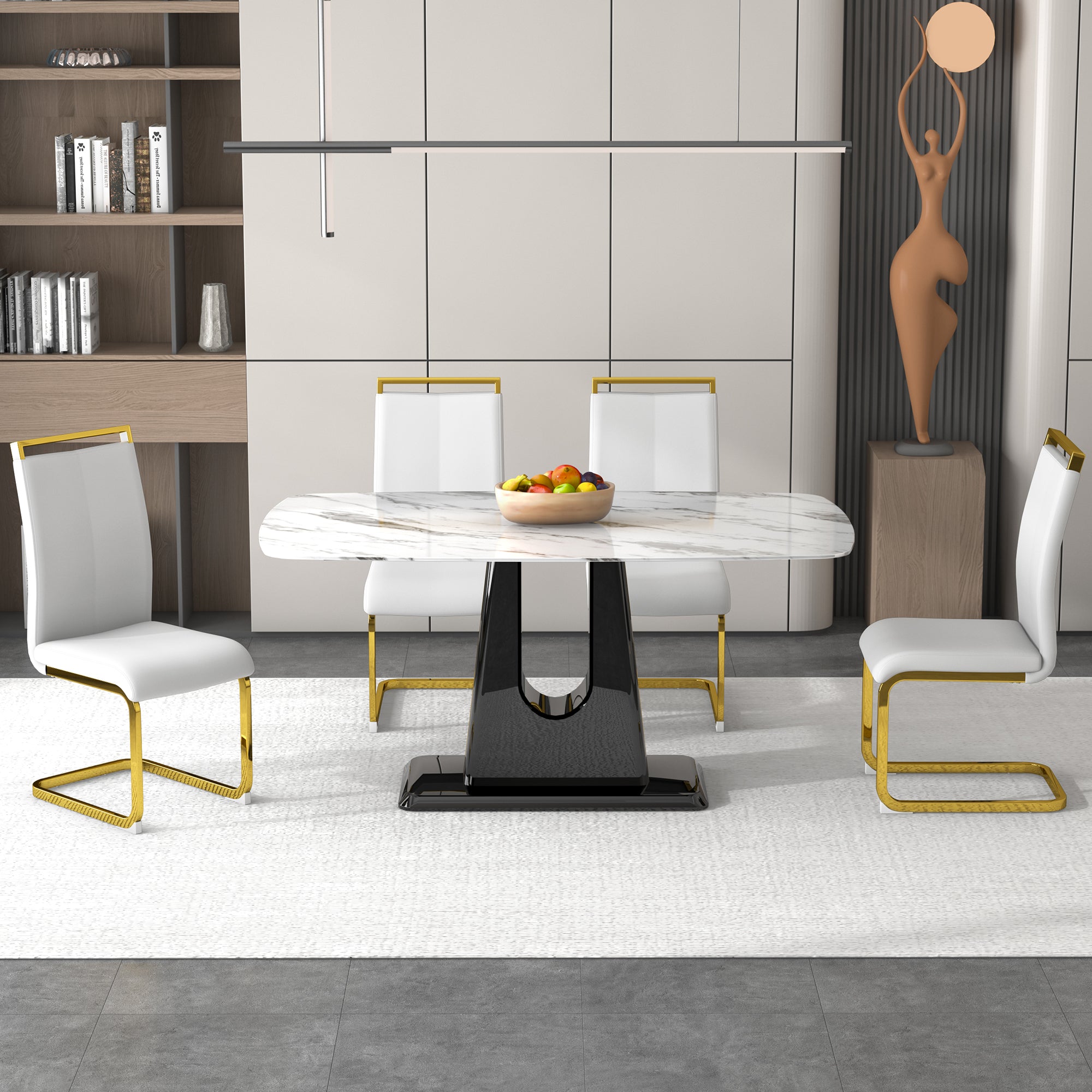 Rectangular Marble Designed Table and Gold Plated White Dining Chair Set- 4 Seater_0