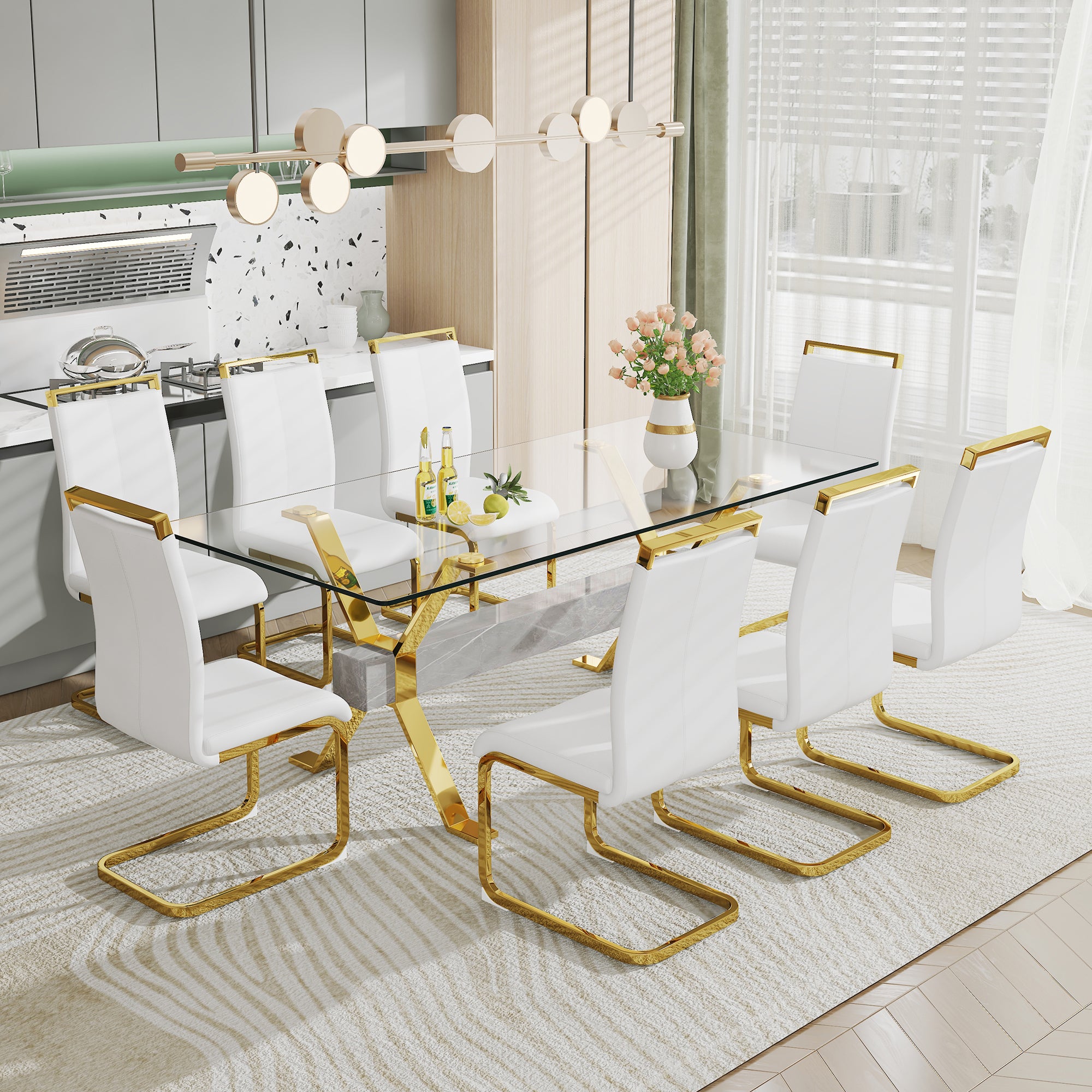 Modern Luxury Tempered Glass Table and Gold Plated Dining Chair Set- 8 Seater, White_0