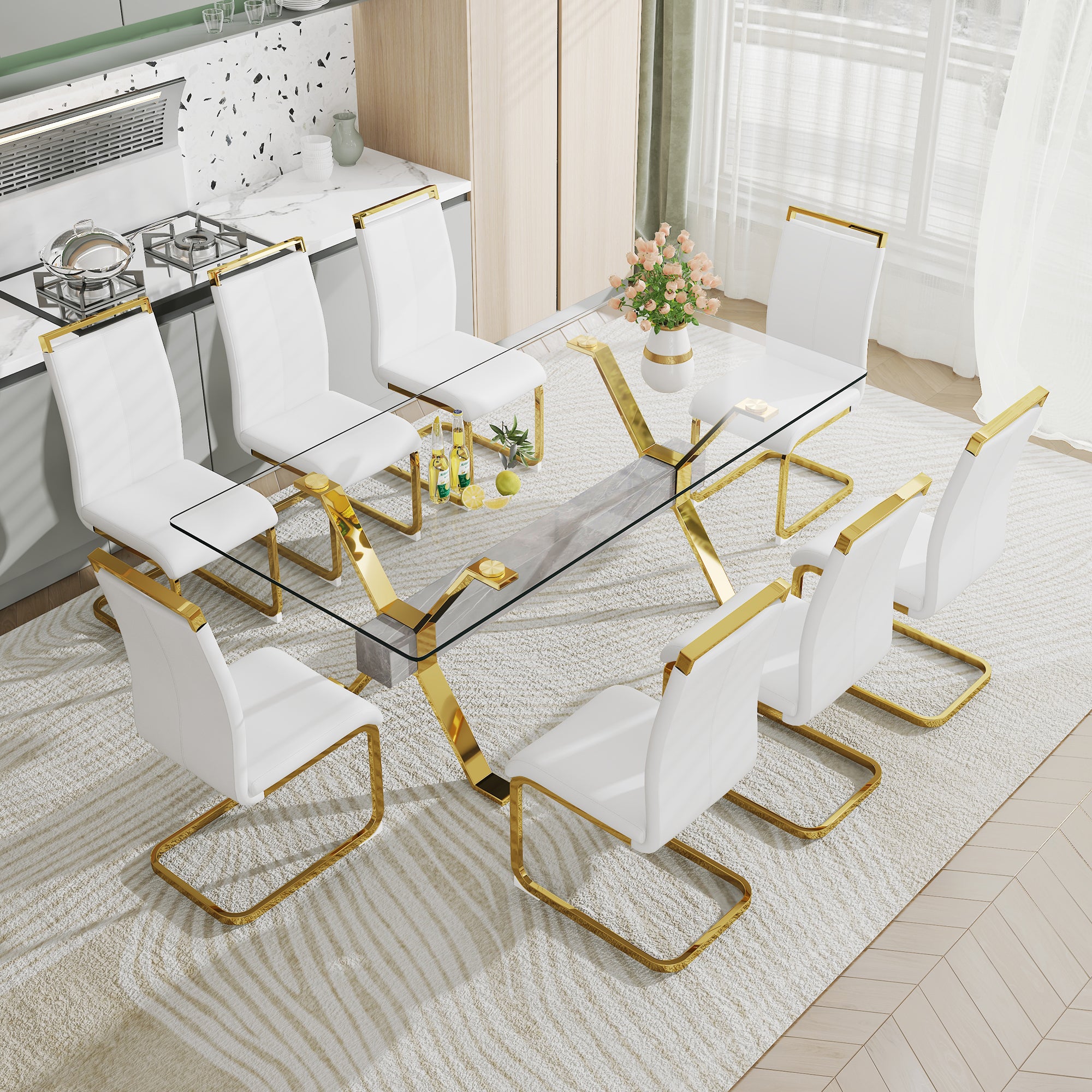 Modern Luxury Tempered Glass Table and Gold Plated Dining Chair Set- 8 Seater, White_1