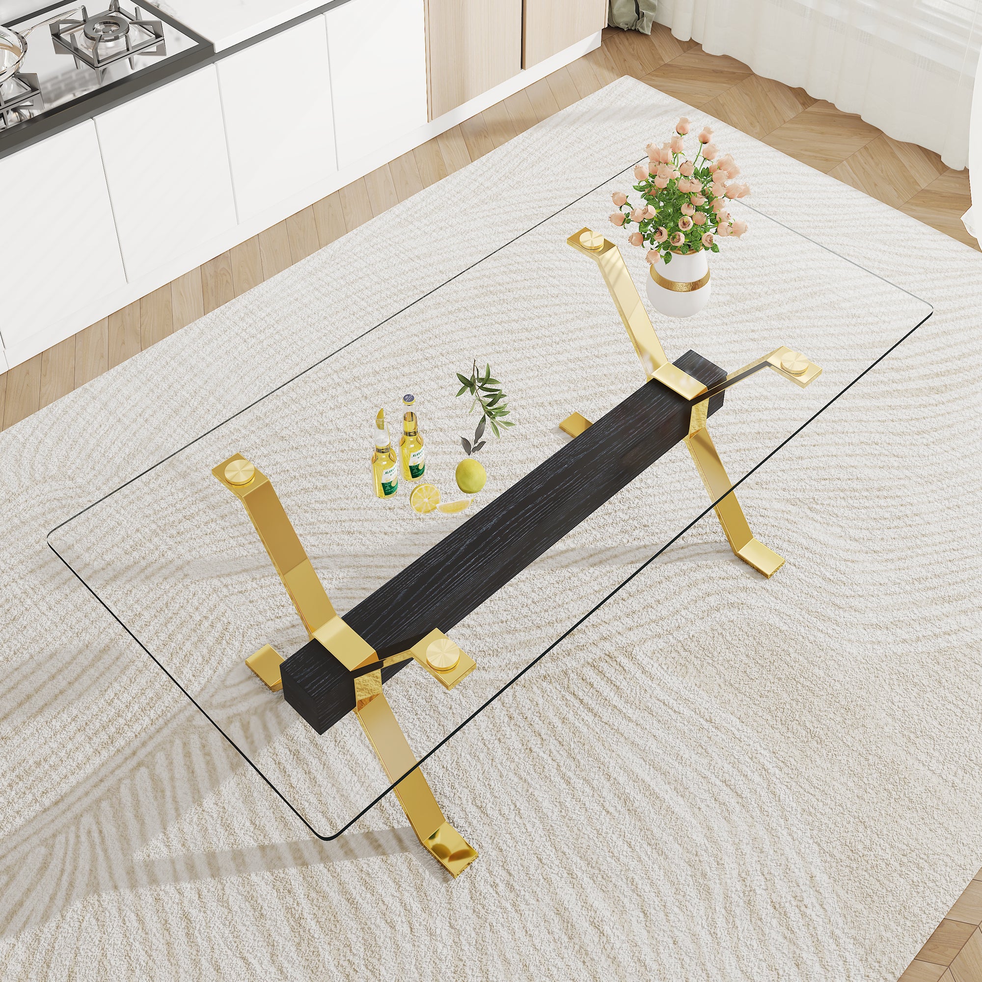 Luxury Tempered Glass Table and Gold Plated Dining Chair Set- 8 Seater, White_1