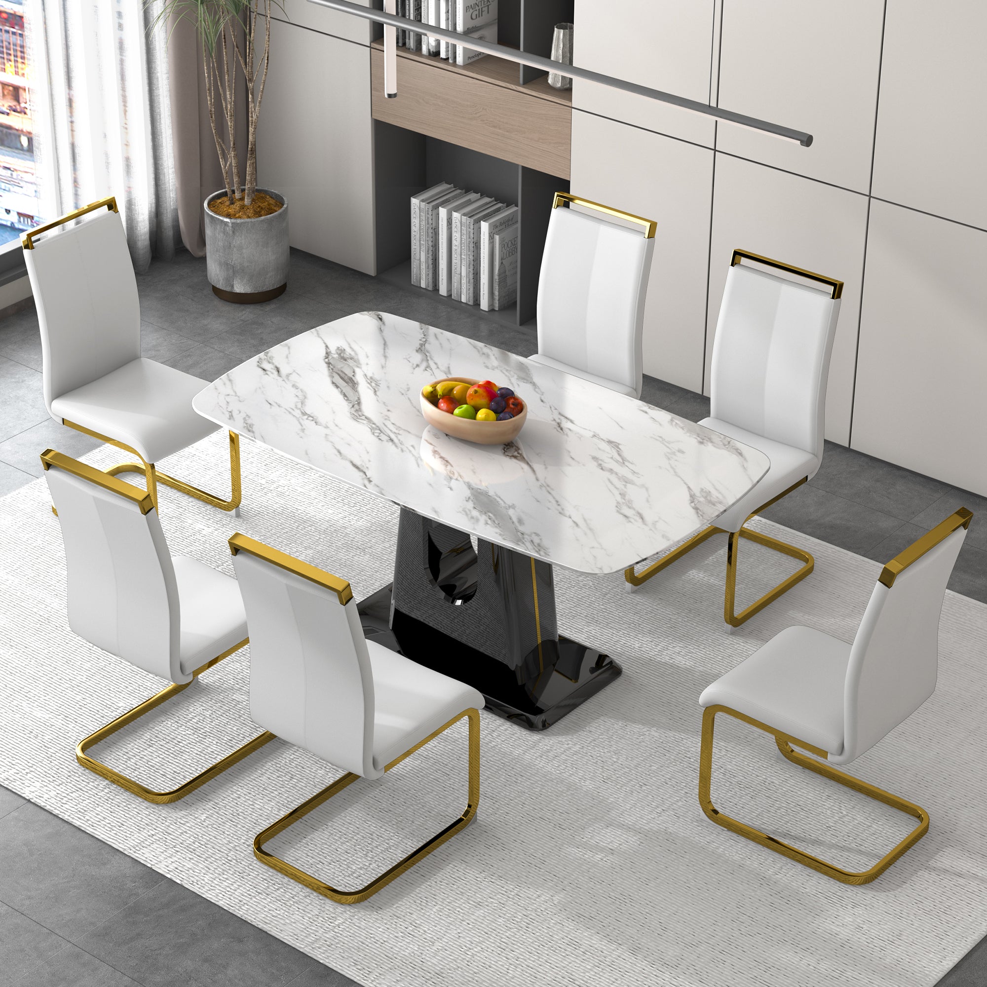 Rectangular Marble Designed Table and Gold Plated Dining Chair Set- 6 Seater, White+White_0