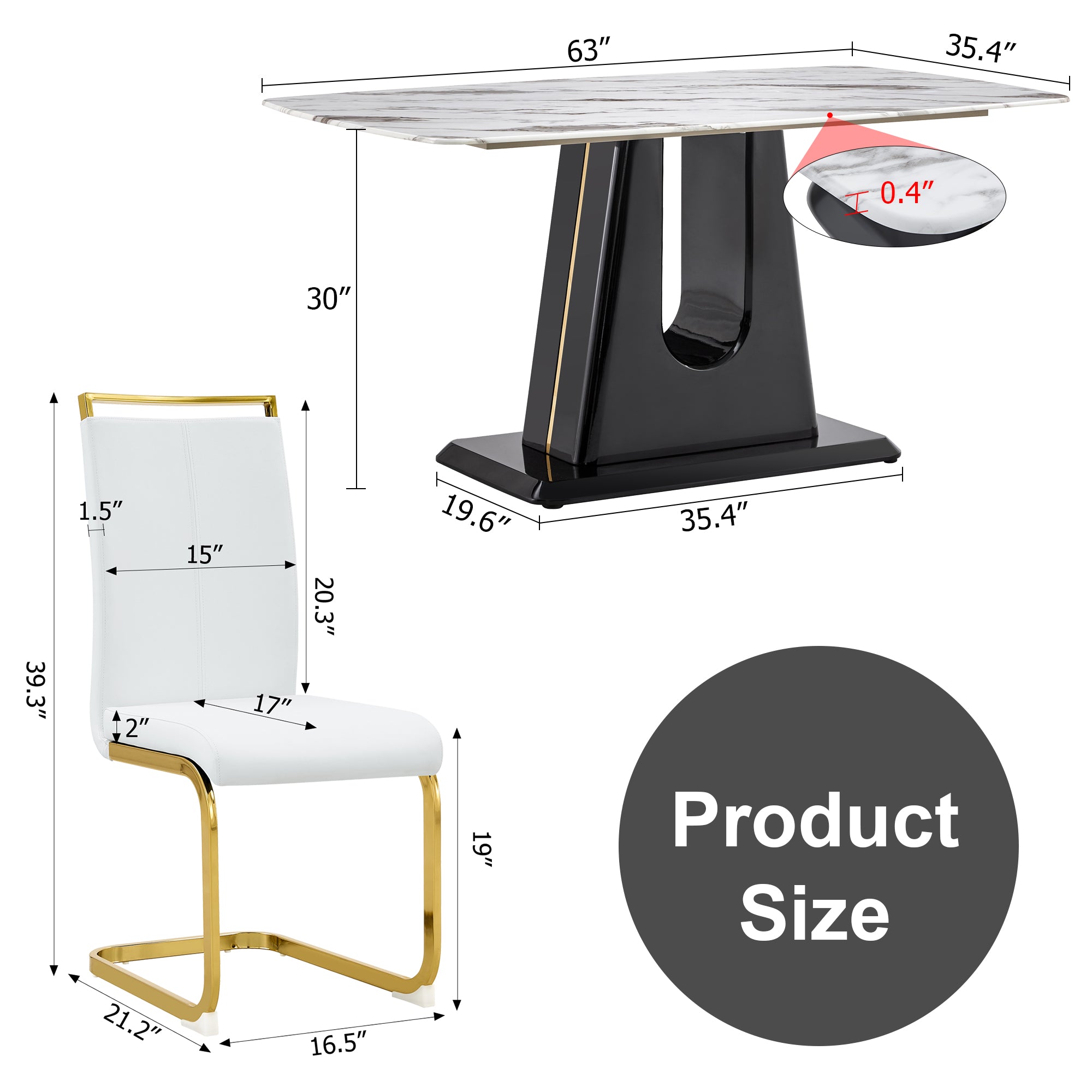 Rectangular Marble Designed Table and Gold Plated Dining Chair Set- 6 Seater, White+White_1
