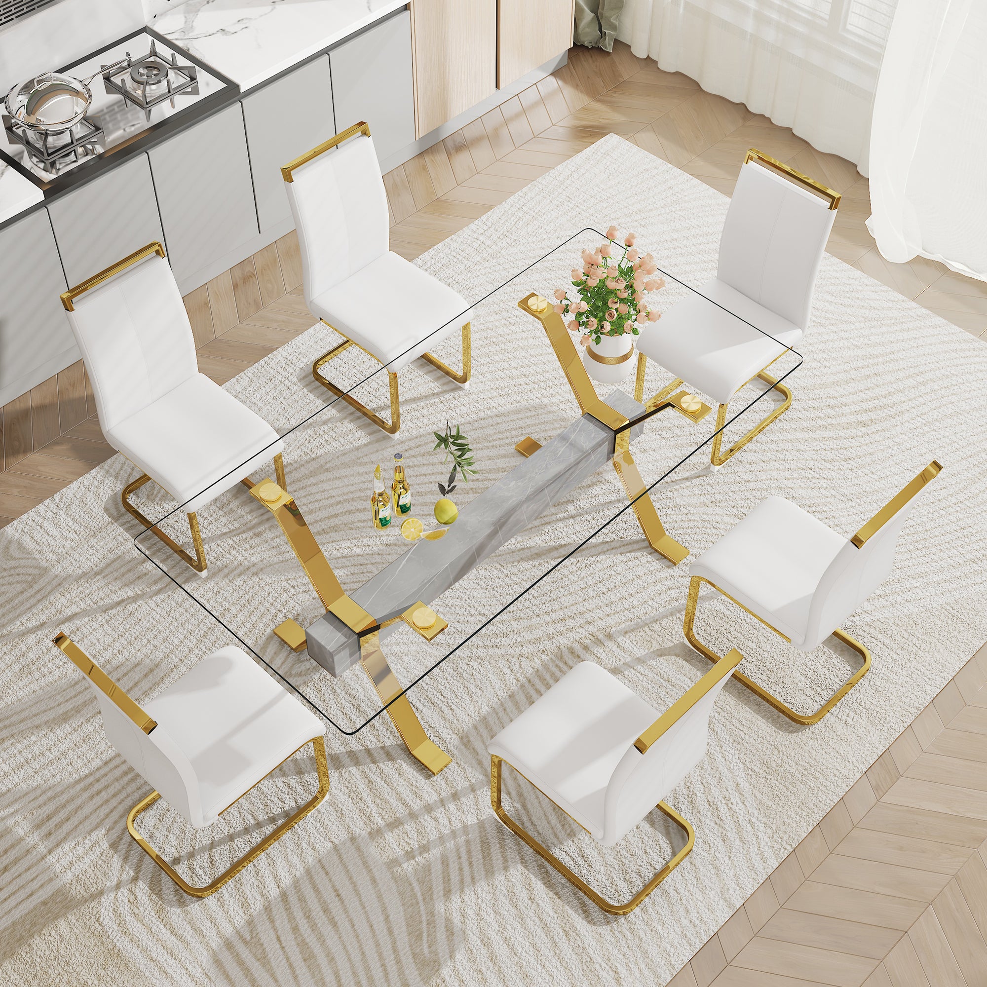 Modern Luxury Tempered Glass Table and Gold Plated Dining Chair Set- 6 Seater, Gray+White_1