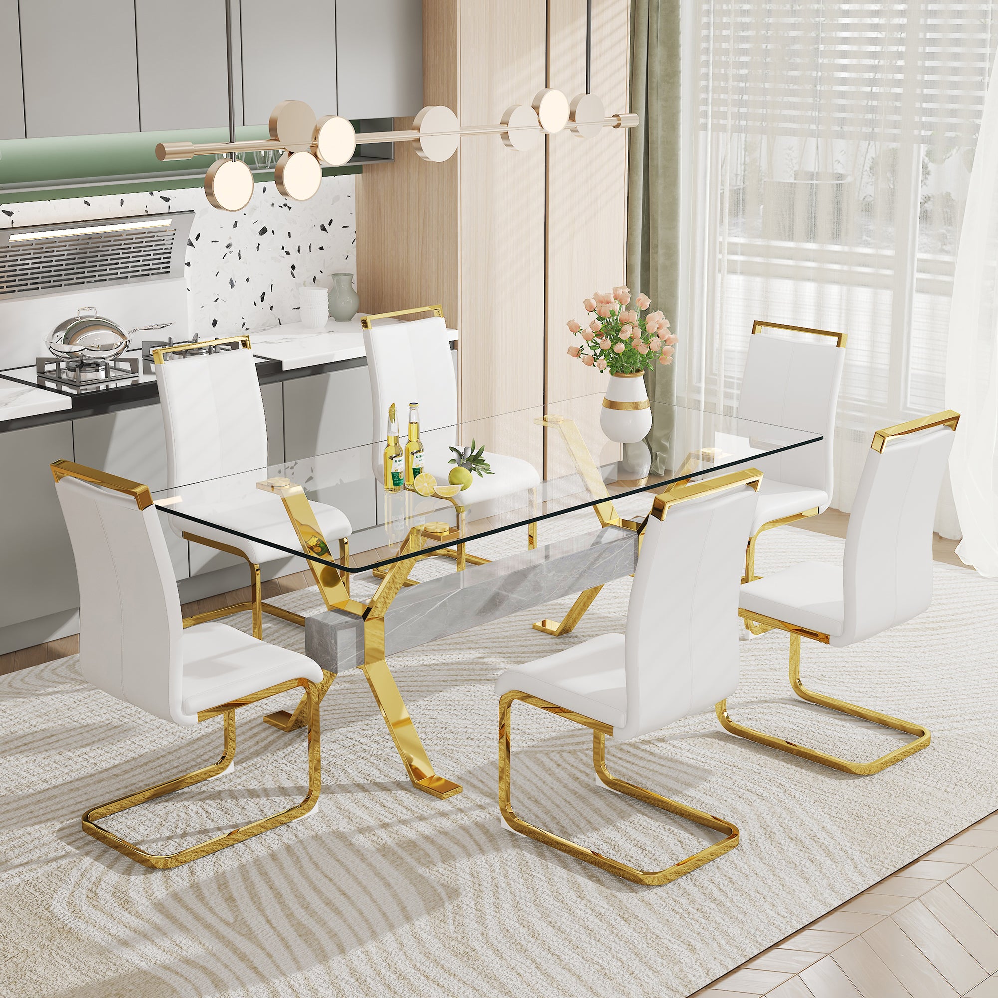 Modern Luxury Tempered Glass Table and Gold Plated Dining Chair Set- 6 Seater, Gray+White_0