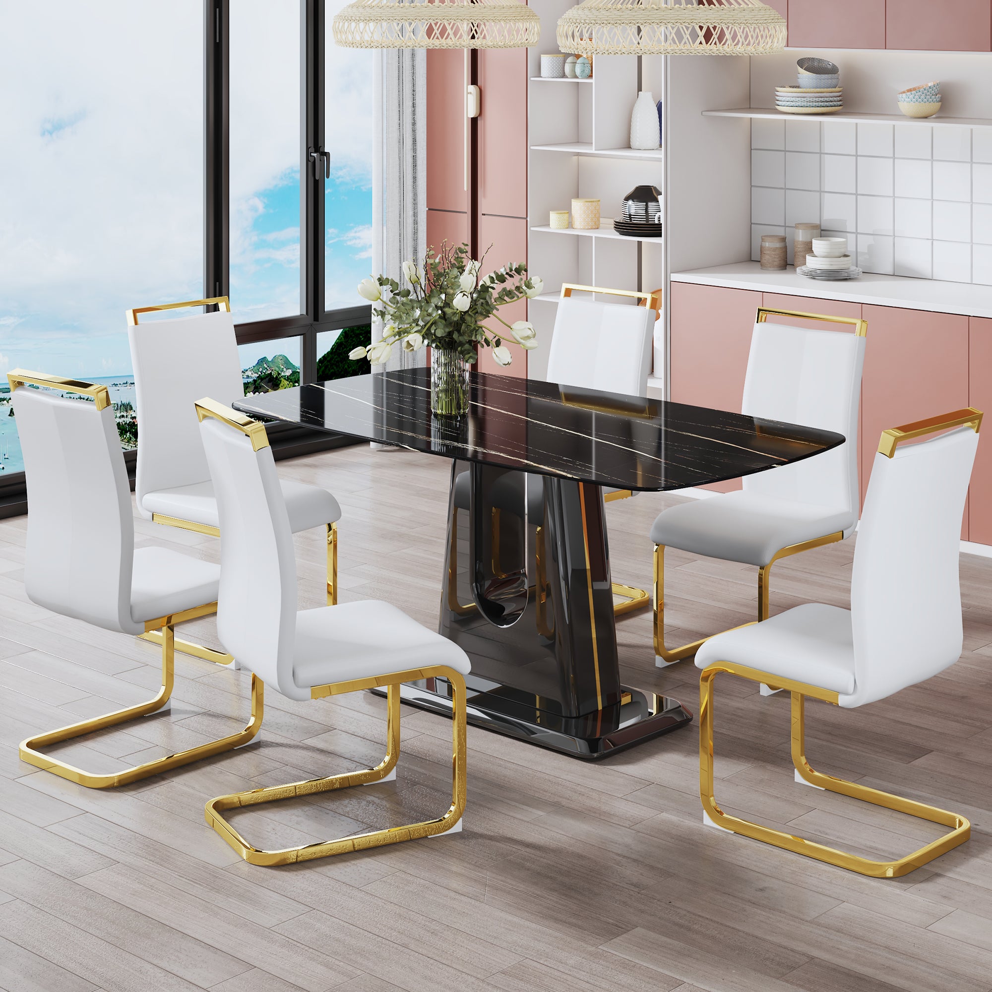 Rectangular Faux Marble Designed Table and Gold Plated Dining Chair Set- 6 Seater, Black+White_0