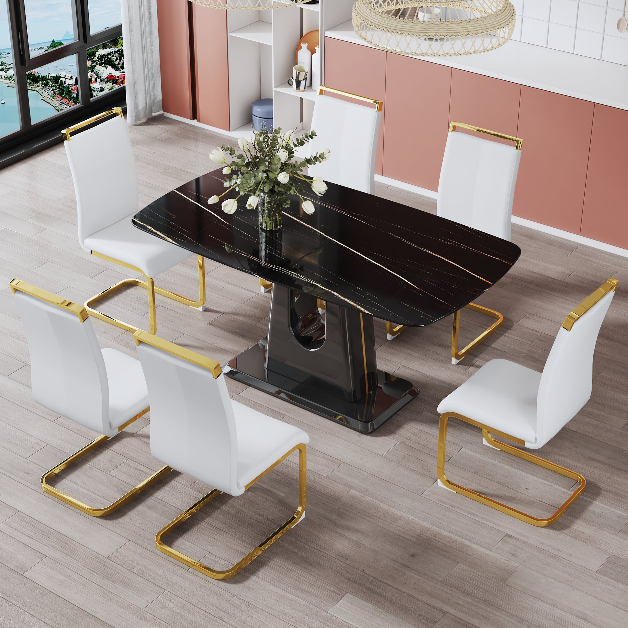 Rectangular Faux Marble Designed Table and Gold Plated Dining Chair Set- 6 Seater, Black+White_1