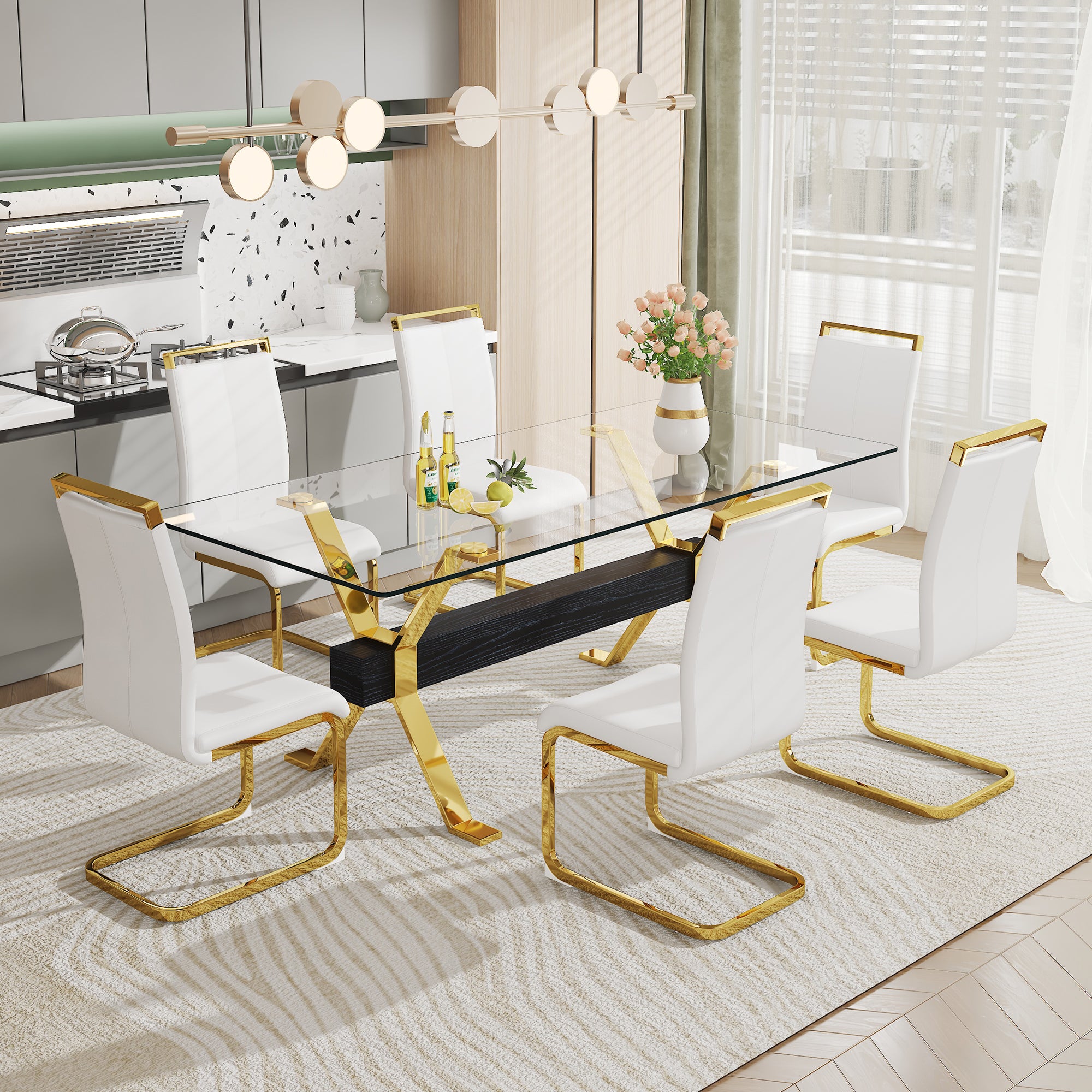 Modern Luxury Tempered Glass Table and Gold Plated Dining Chair Set- 6 Seater, Black+White_0