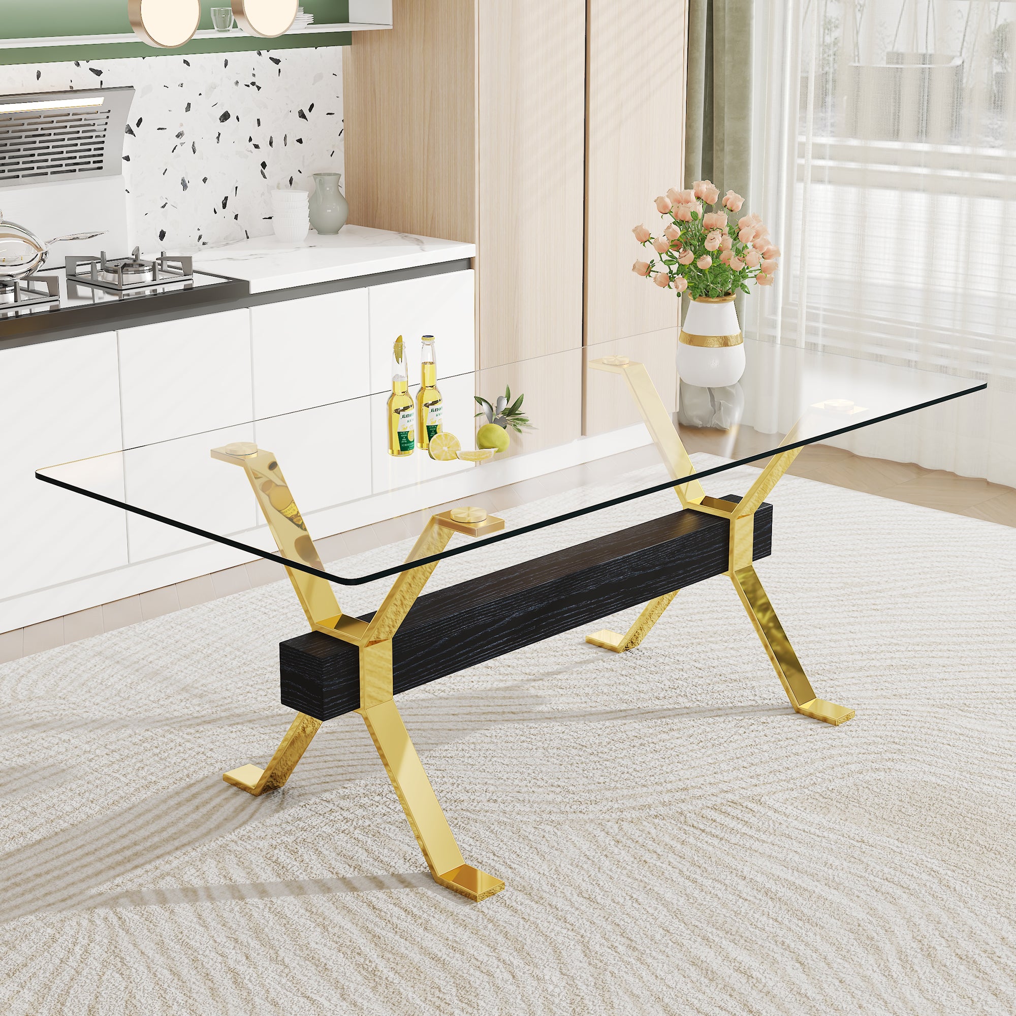 Modern Luxury Tempered Glass Table and Gold Plated Dining Chair Set- 6 Seater, Black+White_1