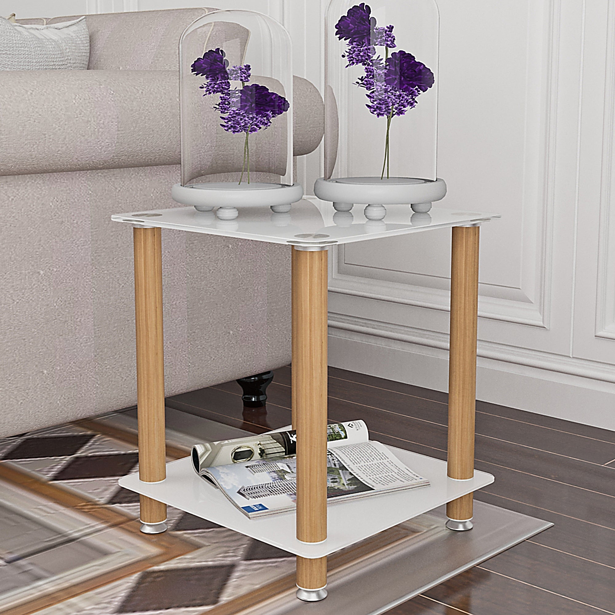 2 Tiers Space Saving End Table Modern Design Night Stand with Storage Shelve- White+Oak_1