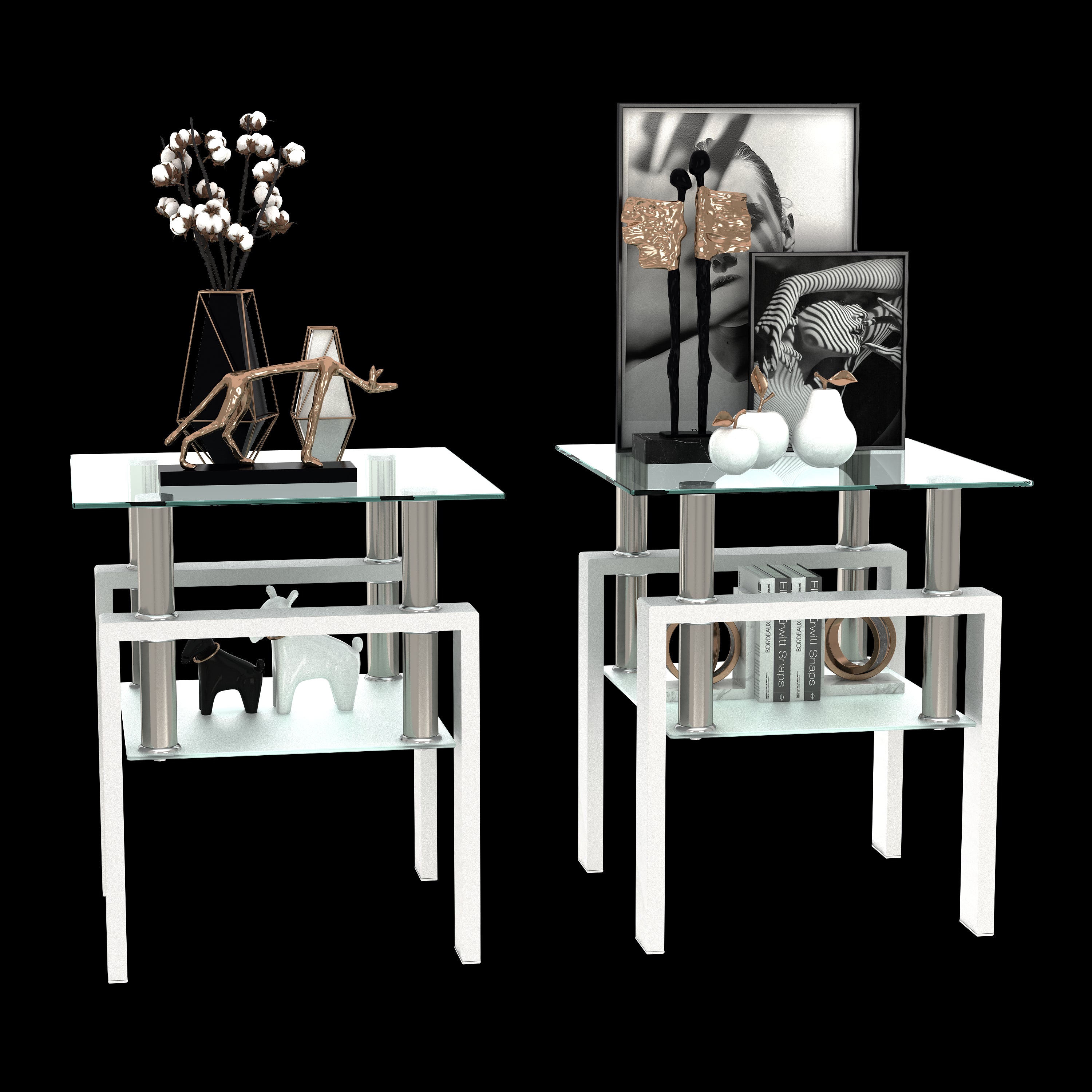 2 pcs Modern Design Coffee Table Tempered Glass End Table Night Stand- Transparent/White_1