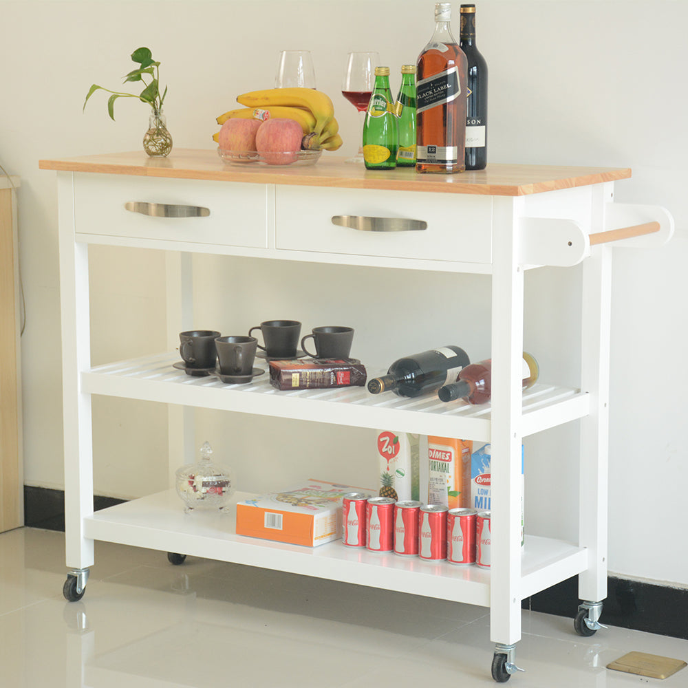 Rubber Wood Top Simple Design Mobile Kitchen Island with Two Lockable Wheels- White_1