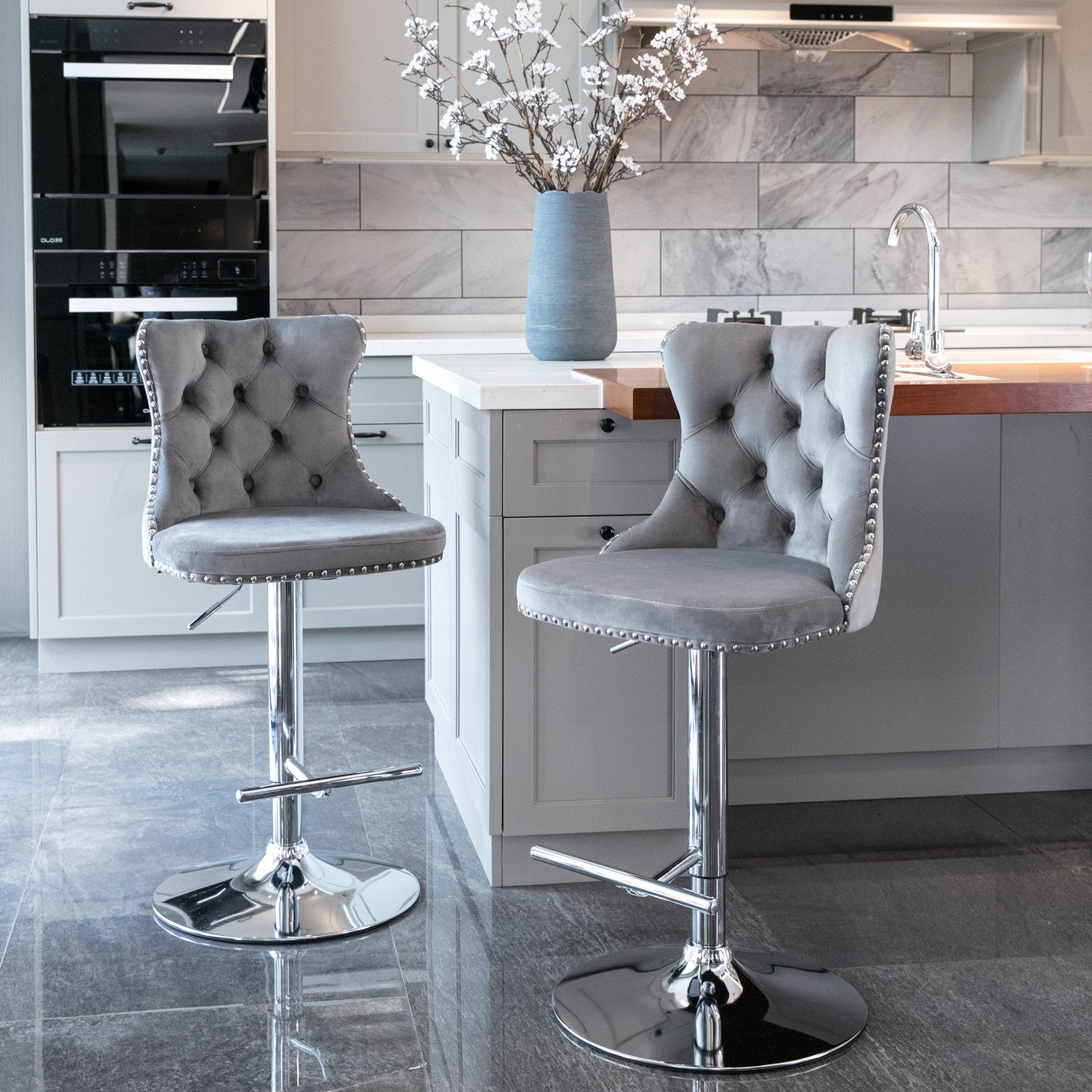 Set of 2 Modern Upholstered Tufted Velvet Armless Bar Stools with Chrome Details- Gray_1