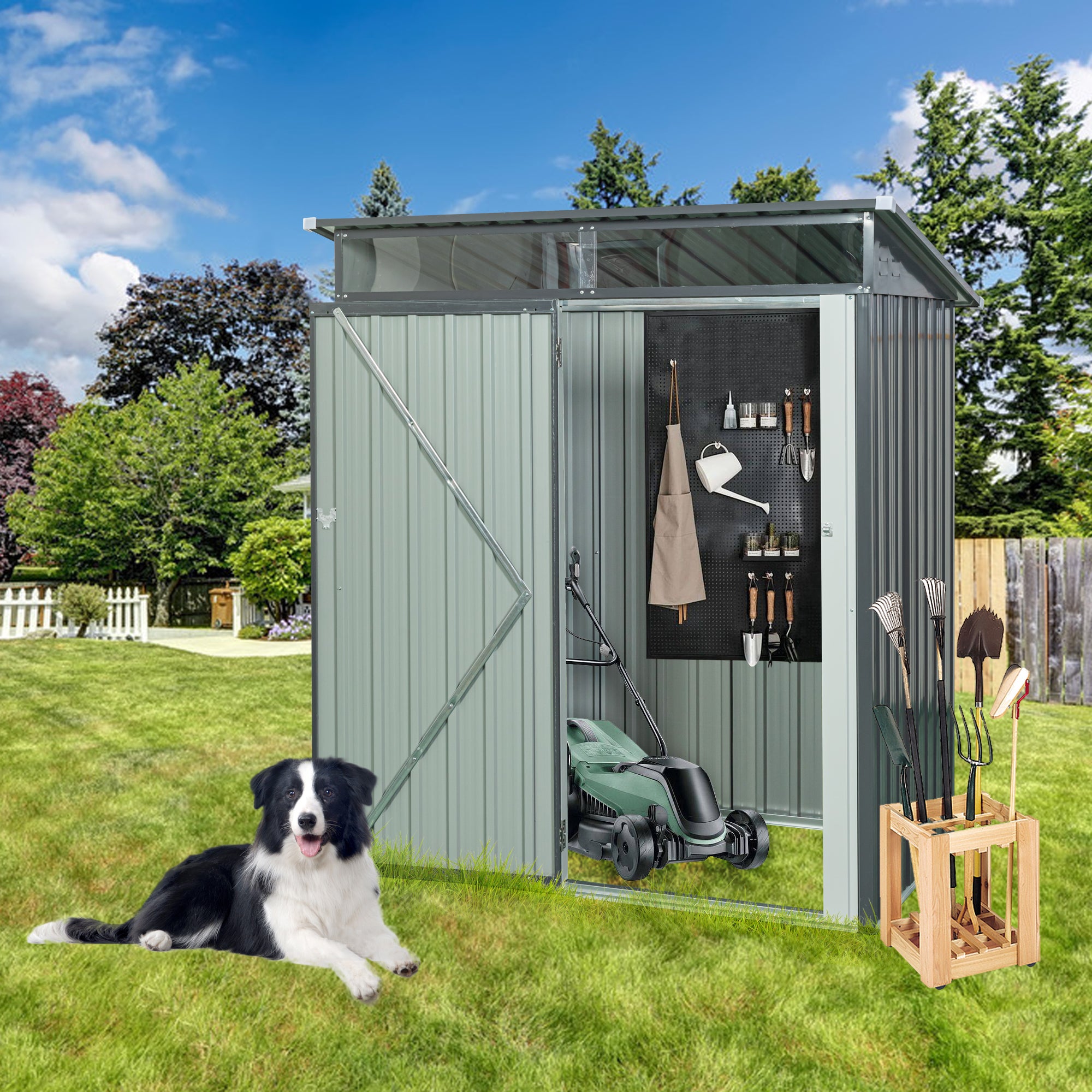 5ft x 3ft Outdoor Metal Weatherproof Storage Shed with Transparent Plate- Gray_0