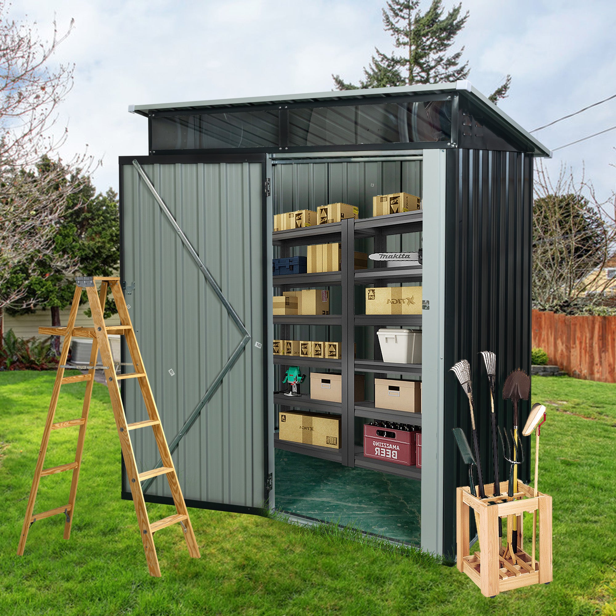 5ft x 3ft Outdoor Metal Weatherproof Storage Shed with Transparent Plate- Black_0