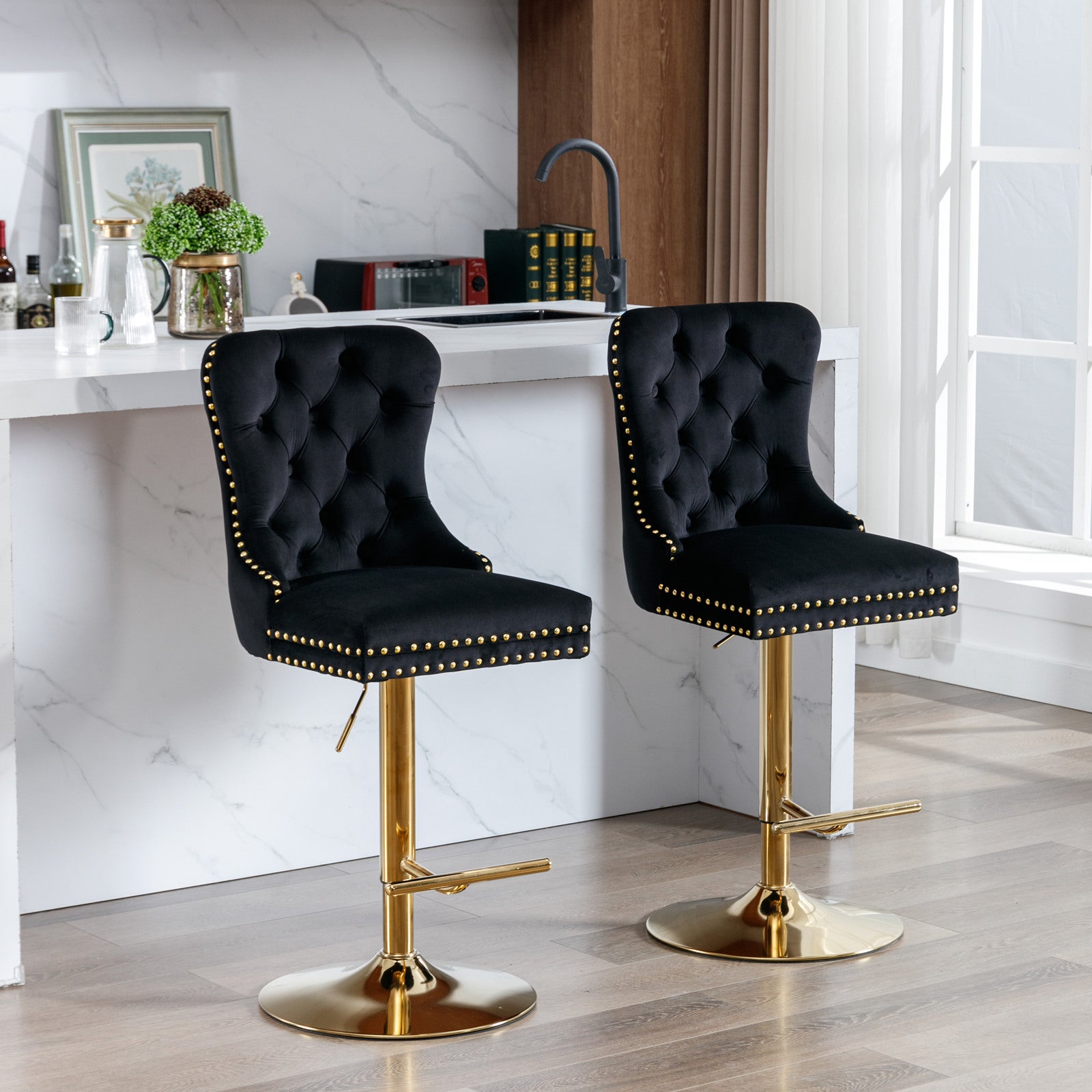 Set of 2 Height Adjustable Upholstered Tufted Velvet Armless Bar Stools with Gold Details- Black_0