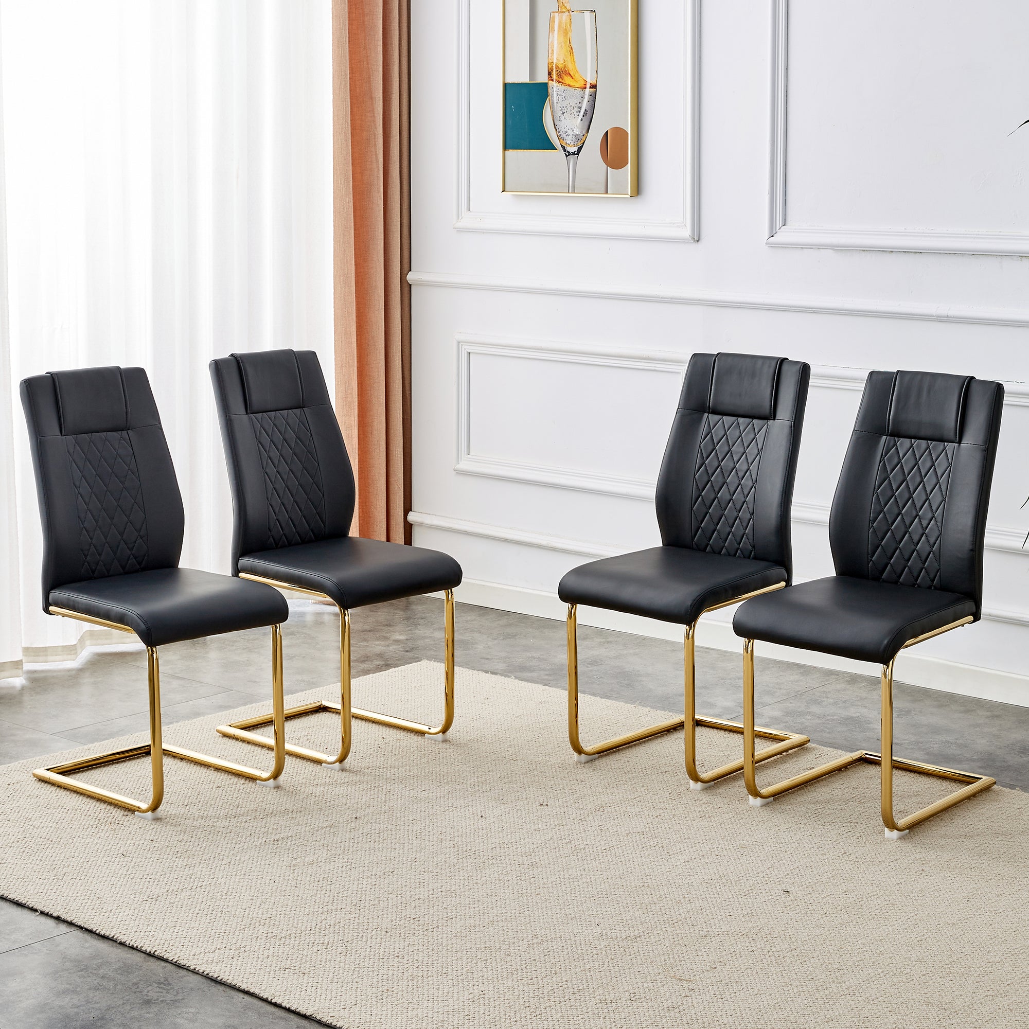 4 Pcs Faux Leather Upholstered Grid High Back Dining Chairs with Metal Base- Black, Gold_0