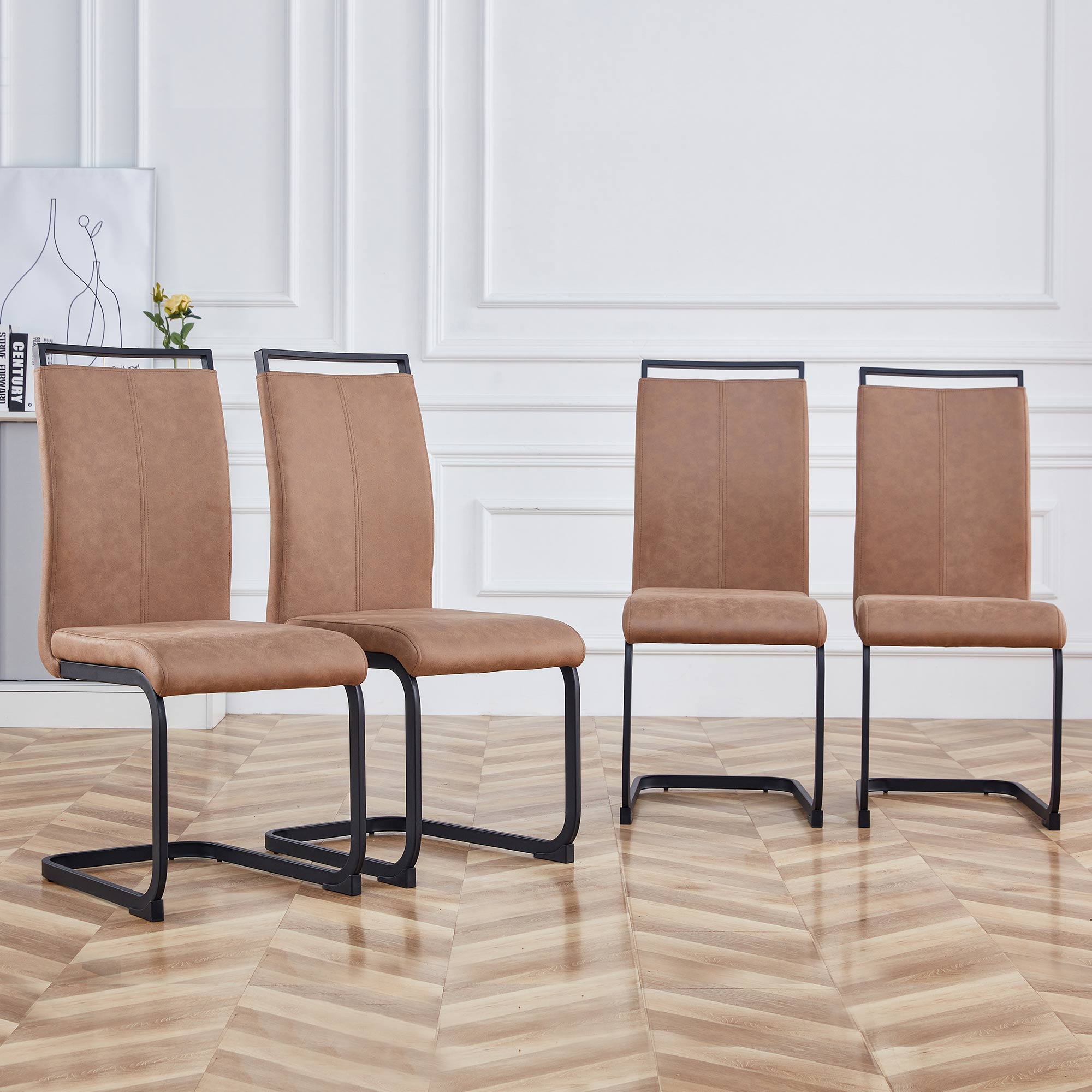 Set of 4 Modern High Back Upholstered Side Chair with C-shaped Legs- Brown, Black_1
