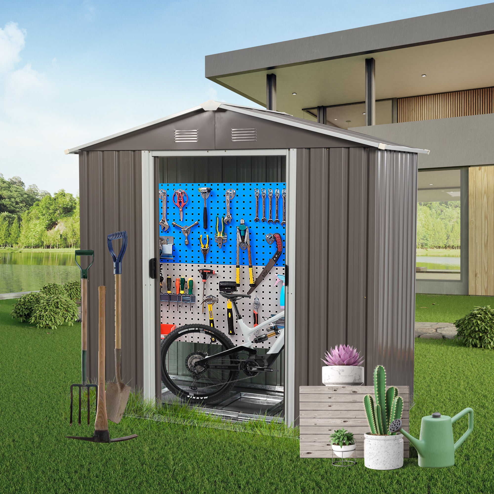 8ft x 4ft Outdoor Storage Shed for Garden Storage with Metal Floor-to-Ceiling Lockable Sliding Door- Grey_1