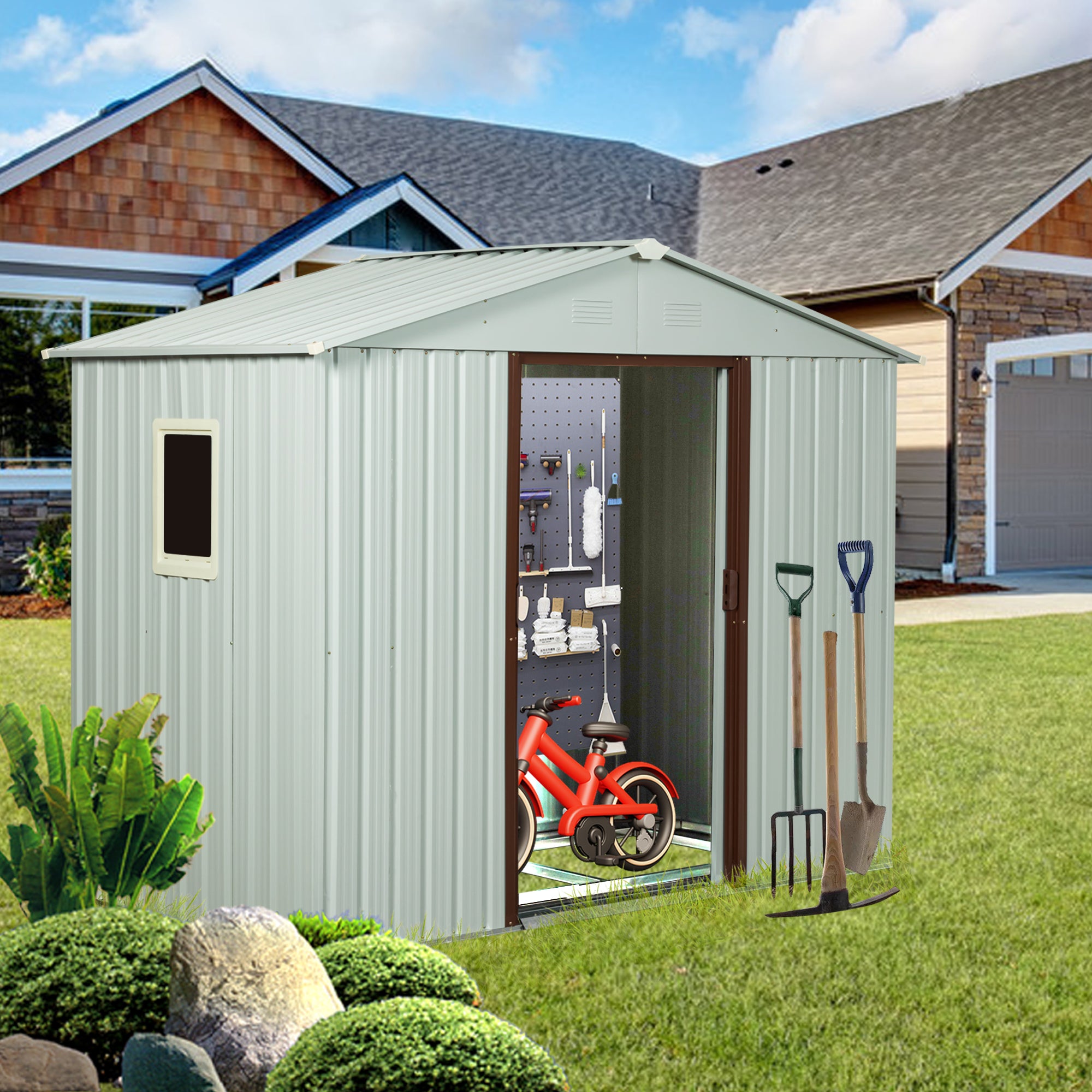 6ft x 5ft Outdoor Storage Shed for Garden with Window and Lockable Sliding Door- White_0