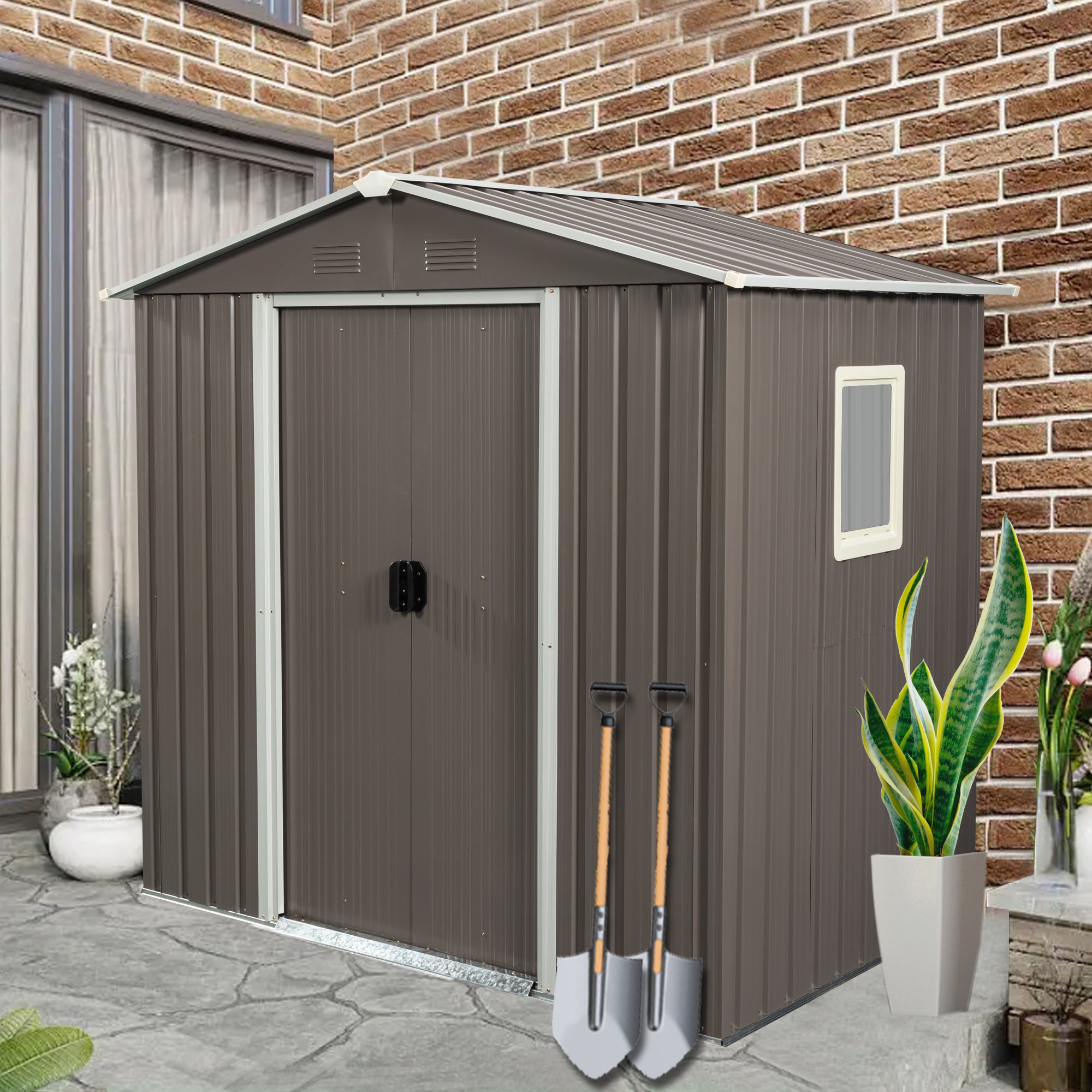 6ft x 5ft Outdoor Storage Shed for Garden with Window and Lockable Sliding Door- Gray_1